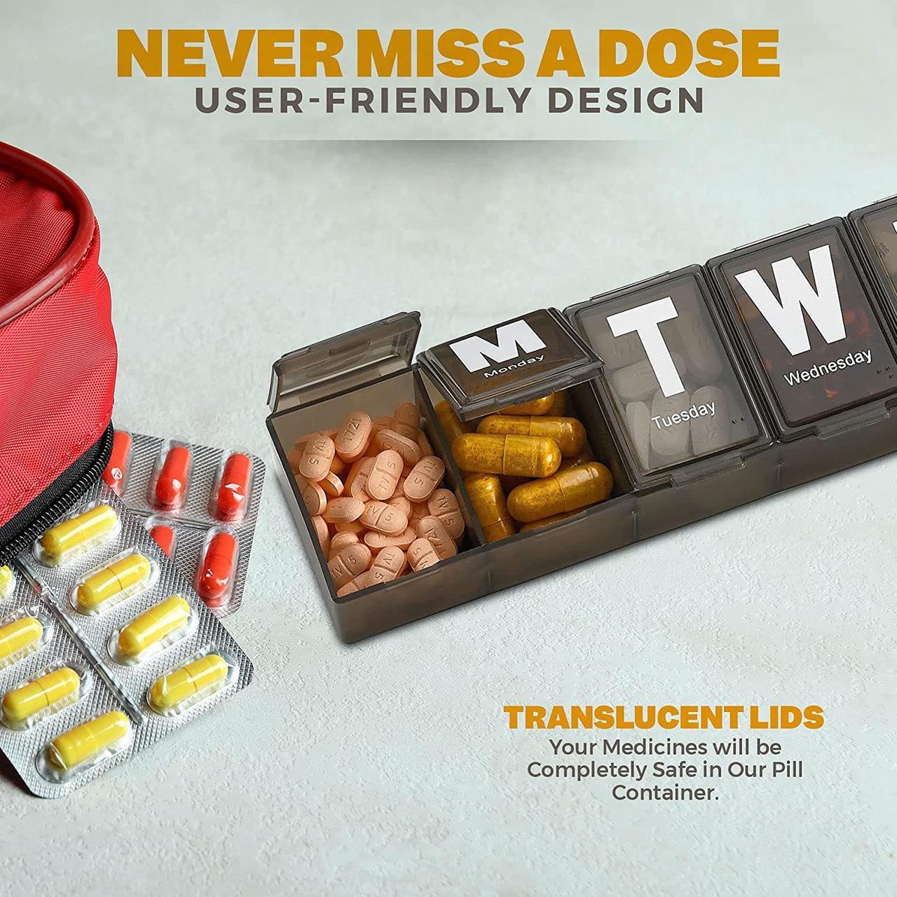 Alt view image 6 of 7 - Weekly Pill Organizer - Extra Large with Easy to Read Jumbo Letters Vitamin Container, BPA Free - Daily Travel 7 Day Medication Pill Box Case, (Black)