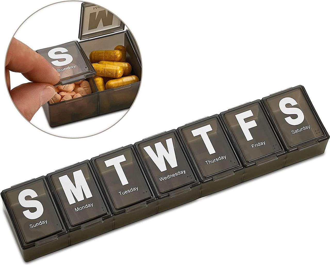 Alt view image 7 of 7 - Weekly Pill Organizer - Extra Large with Easy to Read Jumbo Letters Vitamin Container, BPA Free - Daily Travel 7 Day Medication Pill Box Case, (Black)