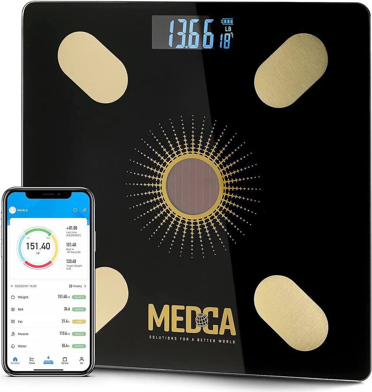 Main image of Body Fat Scale - Smart Digital Solar Powered Glass Bathroom Scale Measures, Tracks and Analyzes Weight Fat Loss BMI Body Composition and More Monitor Your Progress with Smartphone App