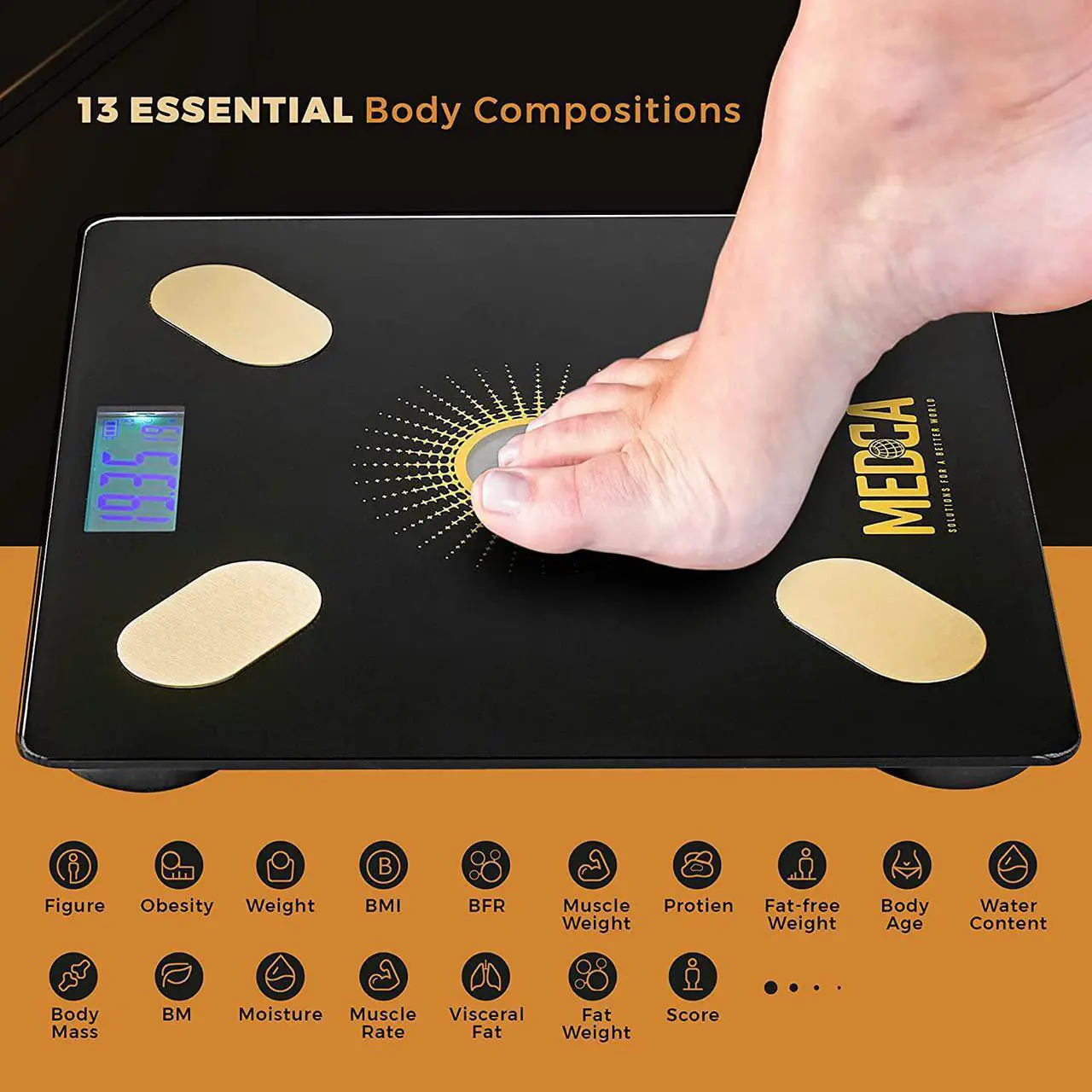 Alt view image 2 of 7 - Body Fat Scale - Smart Digital Solar Powered Glass Bathroom Scale Measures, Tracks and Analyzes Weight Fat Loss BMI Body Composition and More Monitor Your Progress with Smartphone App
