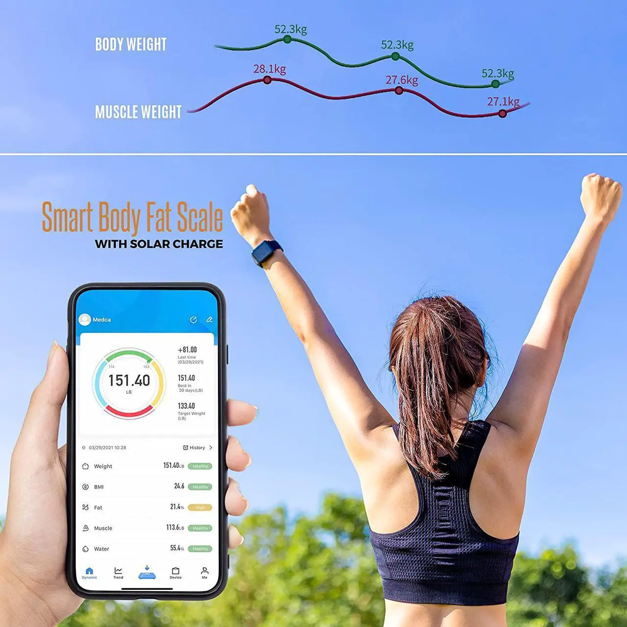 Alt view image 3 of 7 - Body Fat Scale - Smart Digital Solar Powered Glass Bathroom Scale Measures, Tracks and Analyzes Weight Fat Loss BMI Body Composition and More Monitor Your Progress with Smartphone App