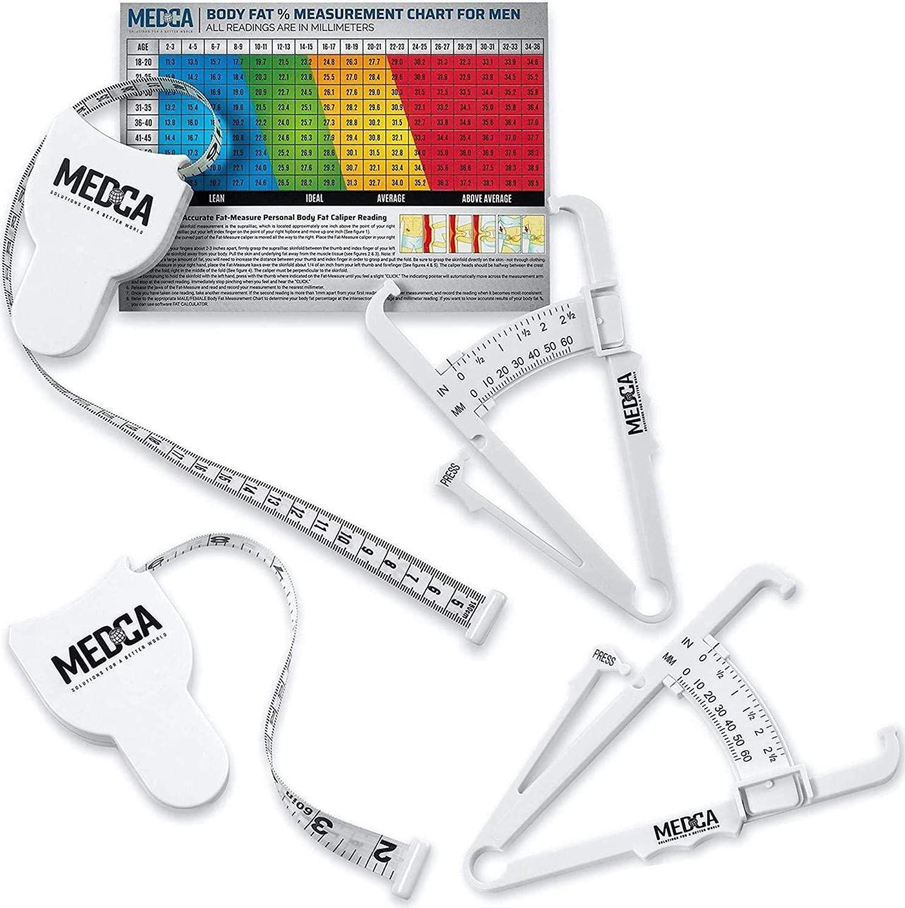 Main image of Body Tape Measure and Skinfold Caliper Body Fat Monitor Set - (Pack of 2) - Double Sided Body Tape Measures (150 cm /60 inches) - Skin Fold Body Fat Analyzer and BMI Measurement Tool, White by MEDca