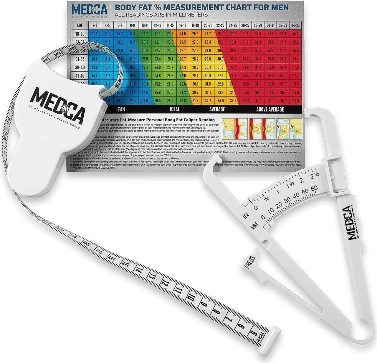Alt view image 2 of 7 - Body Tape Measure and Skinfold Caliper Body Fat Monitor Set - (Pack of 2) - Double Sided Body Tape Measures (150 cm /60 inches) - Skin Fold Body Fat Analyzer and BMI Measurement Tool, White by MEDca
