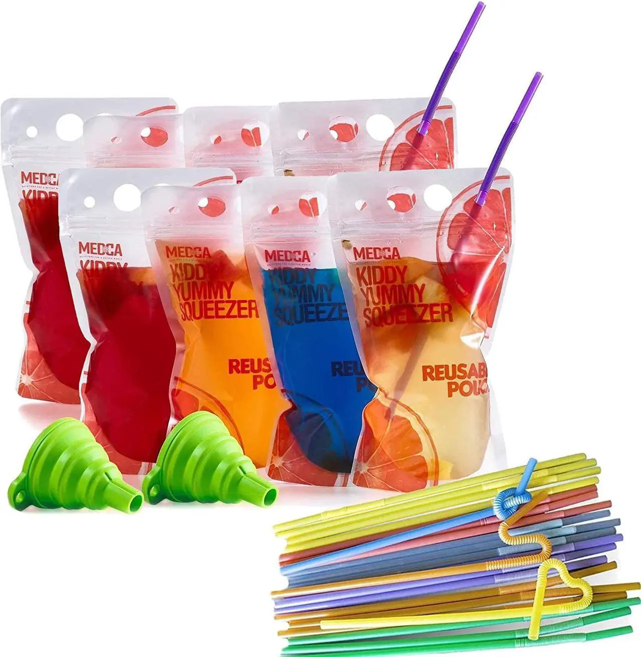 Main image of Reusable Drink Pouches - (402 Piece Set) 200 Clear Drink Bags + 200 Straws - 16 oz BPA Free - Double Zipper Reusable Smoothie Juice, Clear Zipper Pouch Storage with No Leaks, Environmentally Friendly
