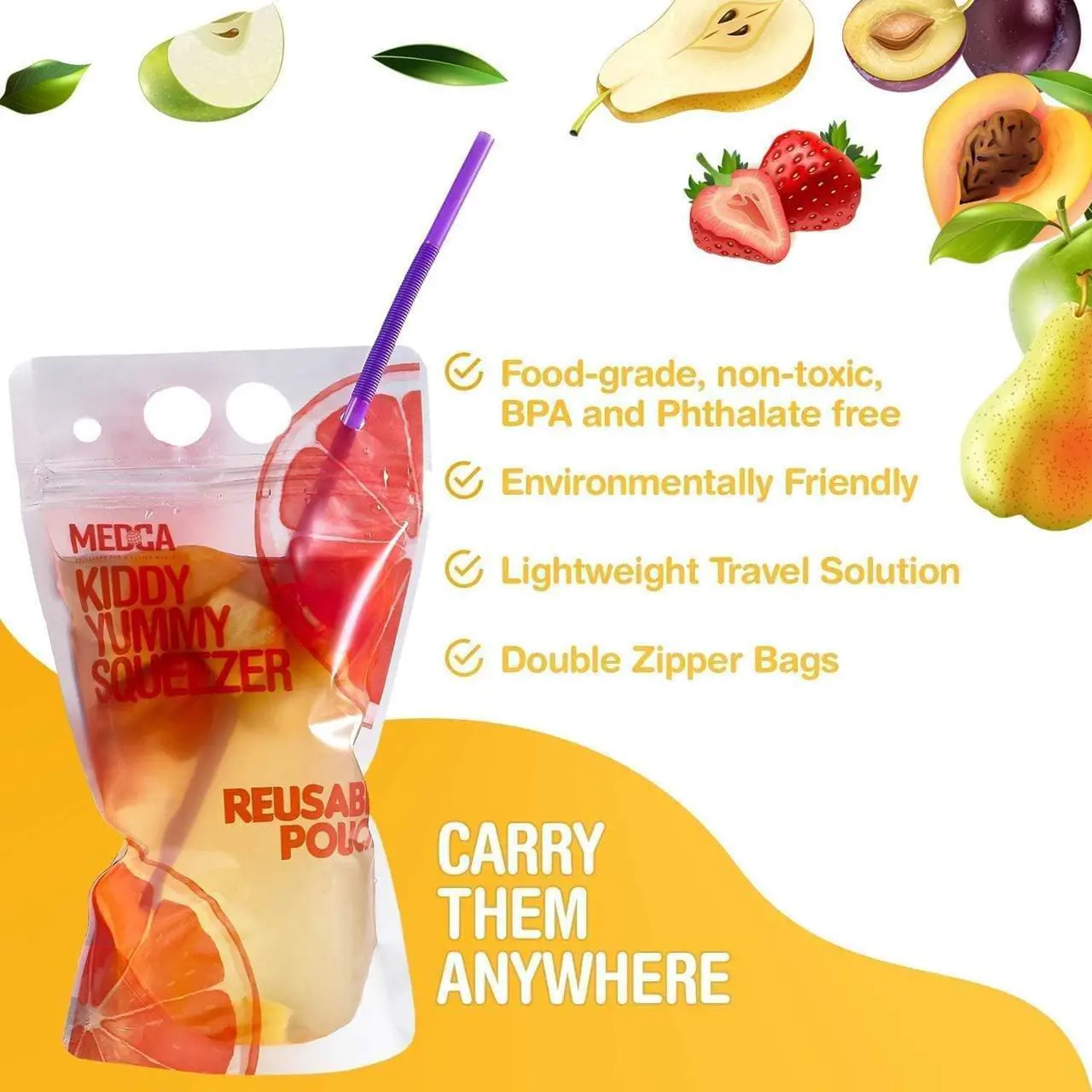 Alt view image 7 of 7 - Reusable Drink Pouches - (402 Piece Set) 200 Clear Drink Bags + 200 Straws - 16 oz BPA Free - Double Zipper Reusable Smoothie Juice, Clear Zipper Pouch Storage with No Leaks, Environmentally Friendly