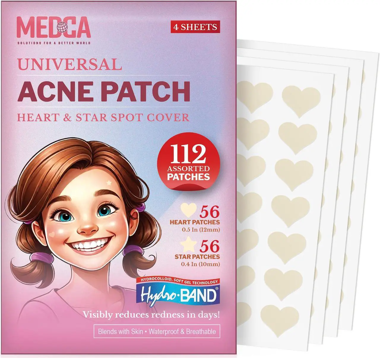 Main image of Acne Patch - Pack of 112, Pimple Spot Treatment Hydrocolloid Bandages Absorbing Zit Cover Dots, Heart And Star Shapes by MEDca