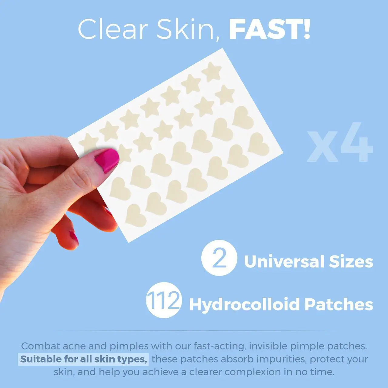 Alt view image 2 of 7 - Acne Patch - Pack of 112, Pimple Spot Treatment Hydrocolloid Bandages Absorbing Zit Cover Dots, Heart And Star Shapes by MEDca