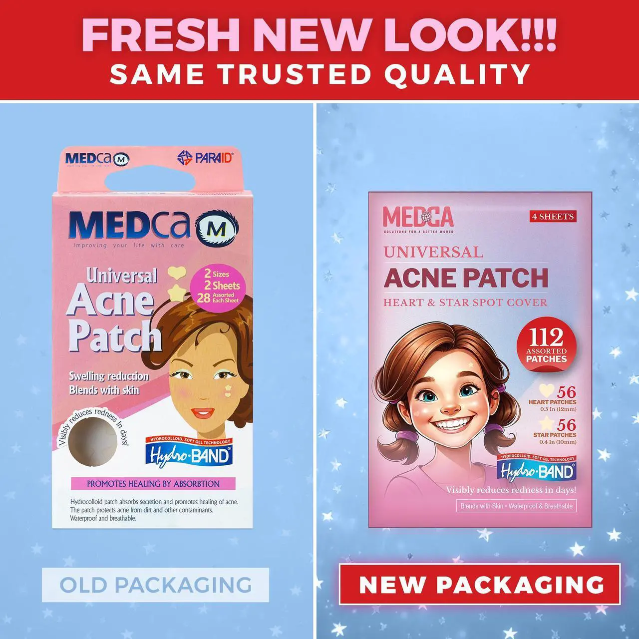 Alt view image 3 of 7 - Acne Patch - Pack of 112, Pimple Spot Treatment Hydrocolloid Bandages Absorbing Zit Cover Dots, Heart And Star Shapes by MEDca