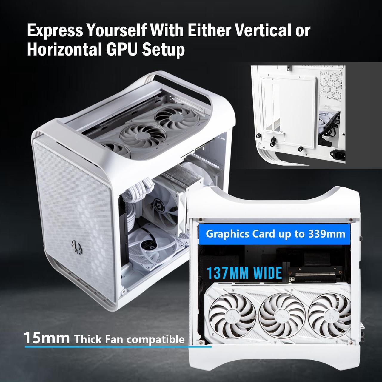 Alt view image 4 of 7 - BitFenix Prodigy M 2022 mATX/Mini-ITX Gaming PC Case, 3 ARGB Fans Included, RTX 3090 or RX 6900 XT Ready, Vertical GPU and Water Cooling Mounting, Tempered Glass, USB 3.2 Type-C Port, White