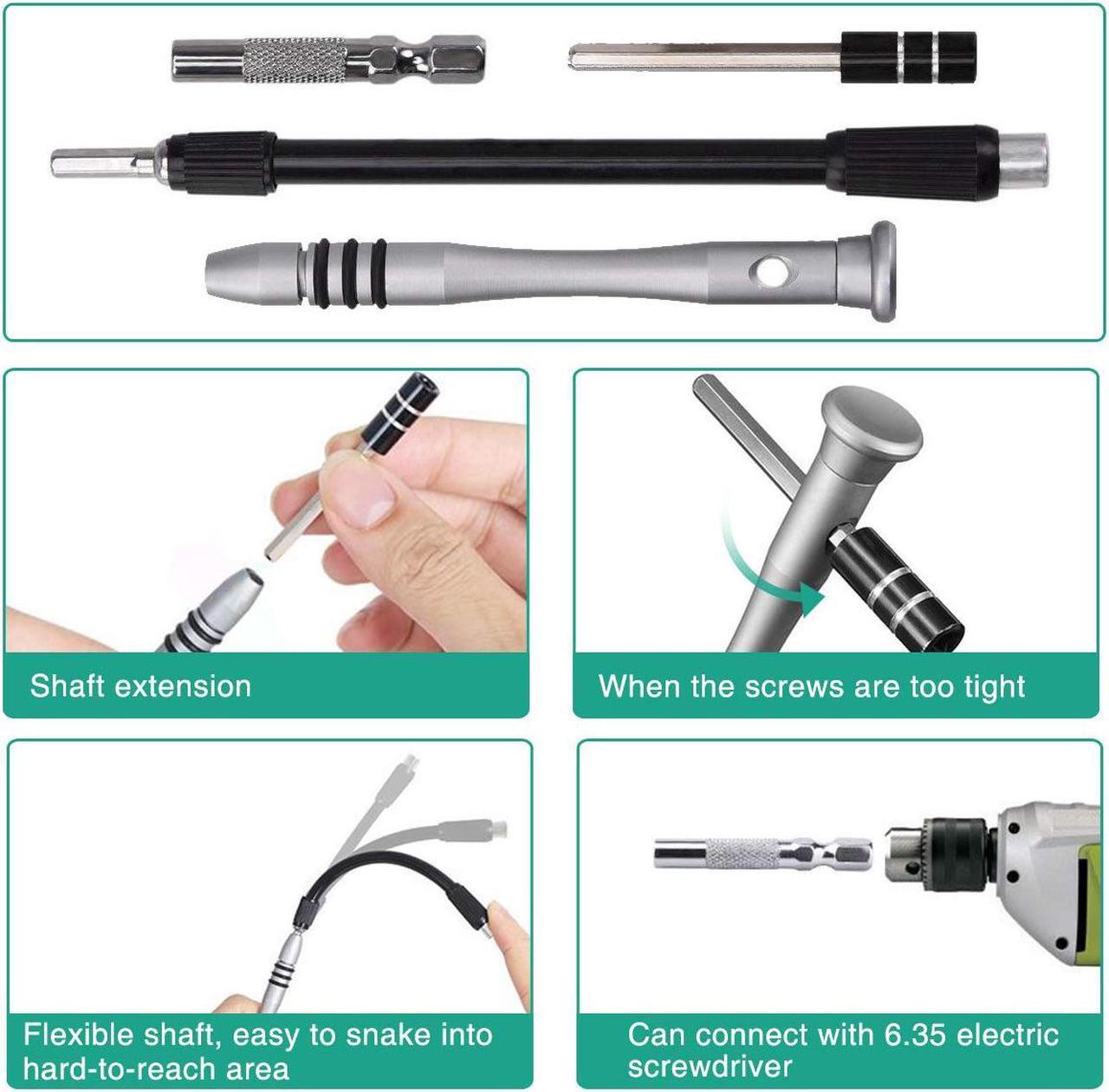 Alt view image 4 of 7 - Aigrous Precision Screwdriver Kit, 60 in 1 with 56 Bits Screwdriver Set,Magnetic Driver Kit with Flexible Shaft, Extension Rod for Mobile Phone, Smartphone, Game Console, Tablet, PC,Black