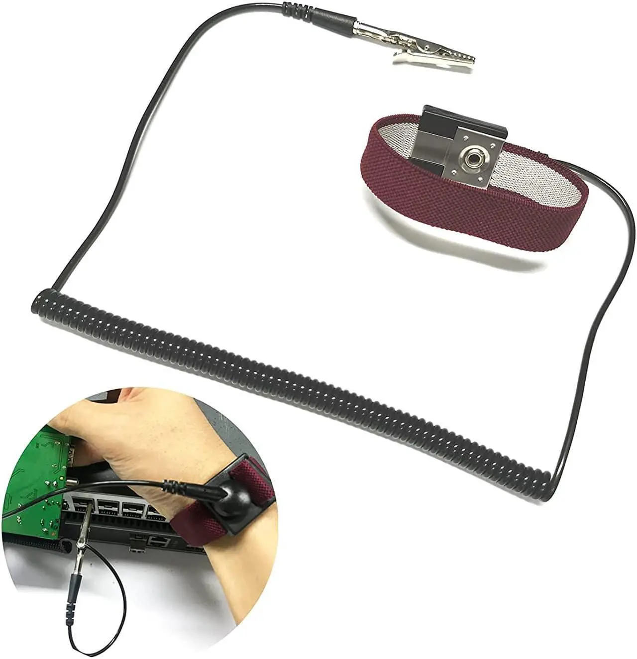 Alt view image 2 of 5 - Anti Static Wrist Strap, Strap Anti Shock Wristband Bracelet with Grounding Wire, Alligator Clip, Extendable Long Cord (Marron)