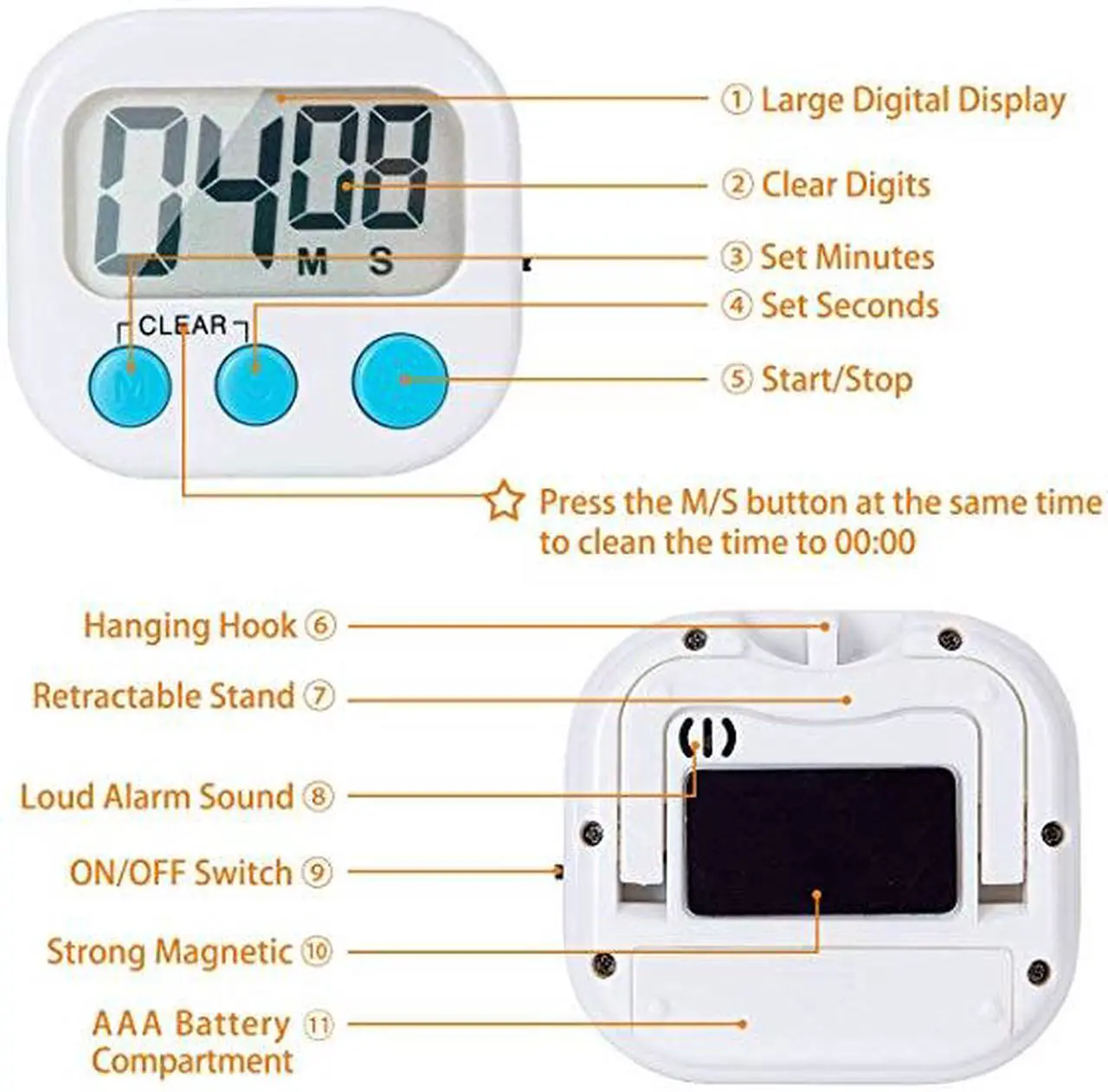 Alt view image 3 of 6 - Aigrous Kitchen Timer (Upgraded),2-Pack No Frills Simple Operation, Big Digits, Loud Alarm, Magnetic Backing, Stand, White