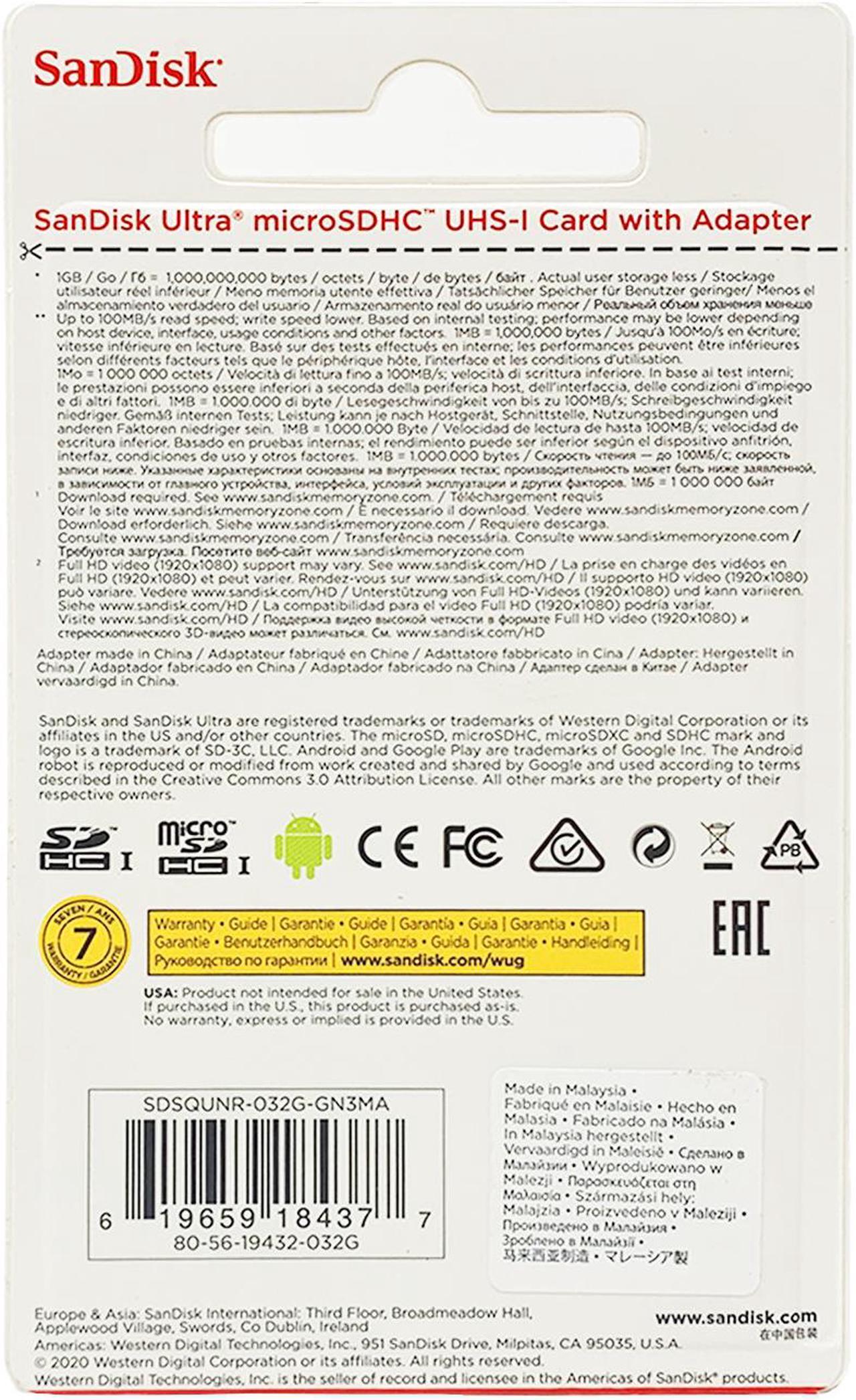 Alt view image 5 of 5 - SanDisk 32GB Ultra microSDHC UHS-I/Class 10 Memory Card, Speed Up to 80MB/s (SDSQUNS-032G)