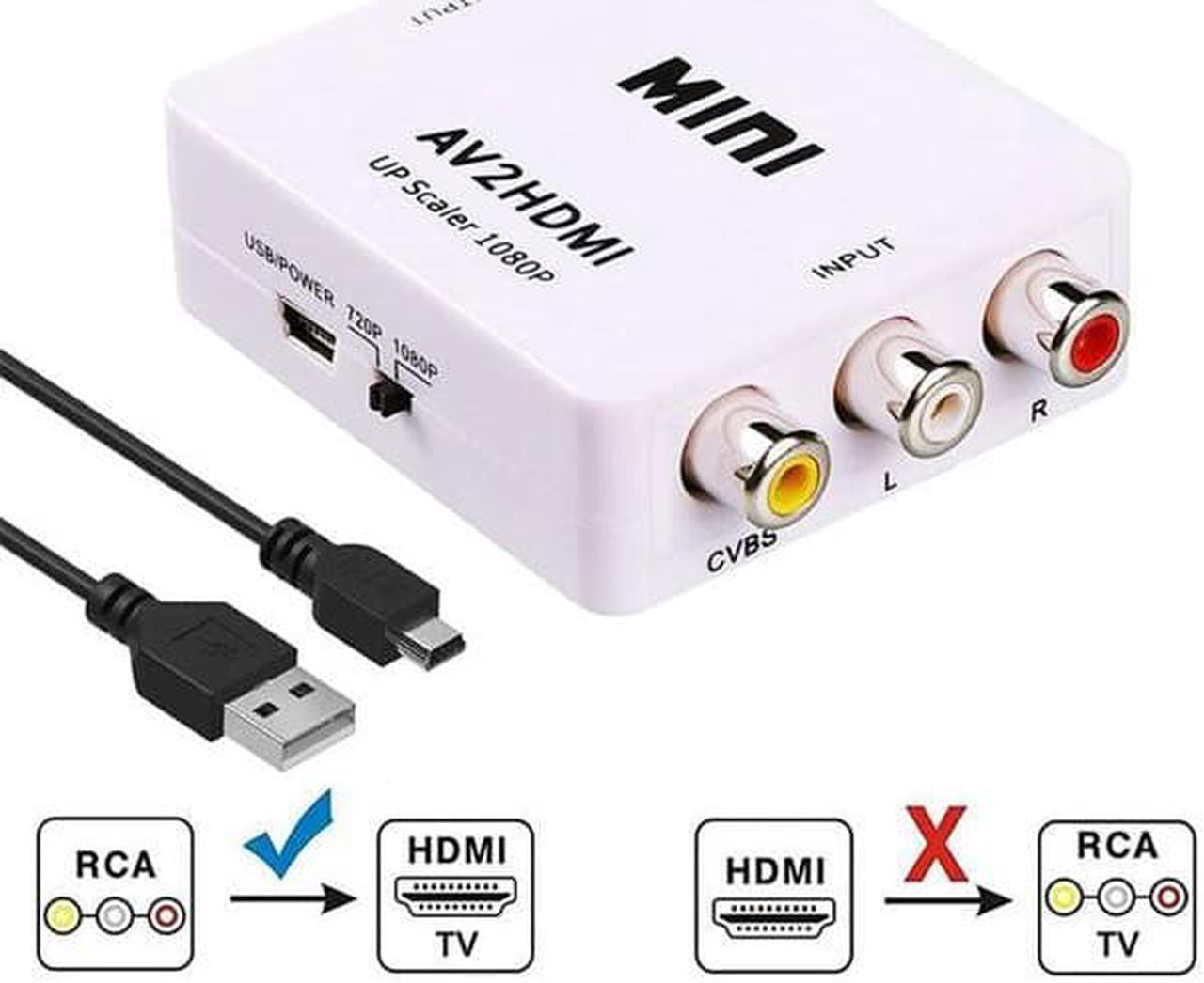 RCA to HDMI,1080P Mini RCA Composite CVBS AV to HDMI Video Audio Converter Adapter Supporting PAL/NTSC with USB Power Cable for TV Box STB VHS VCR Camera DVD/HDTV Projector-White