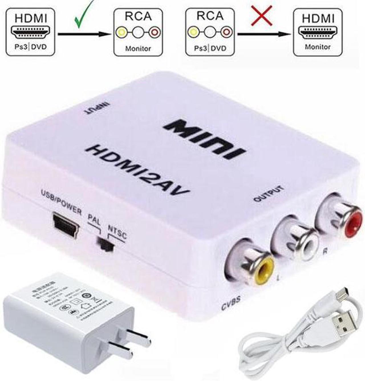 Mini HD Video Converter Box HDMI to AV 3RCA CVBS L/R Video Adapter 1080P HDMI2AV Support NTSC and PAL Output,with USB Power Adapter and Cable-White