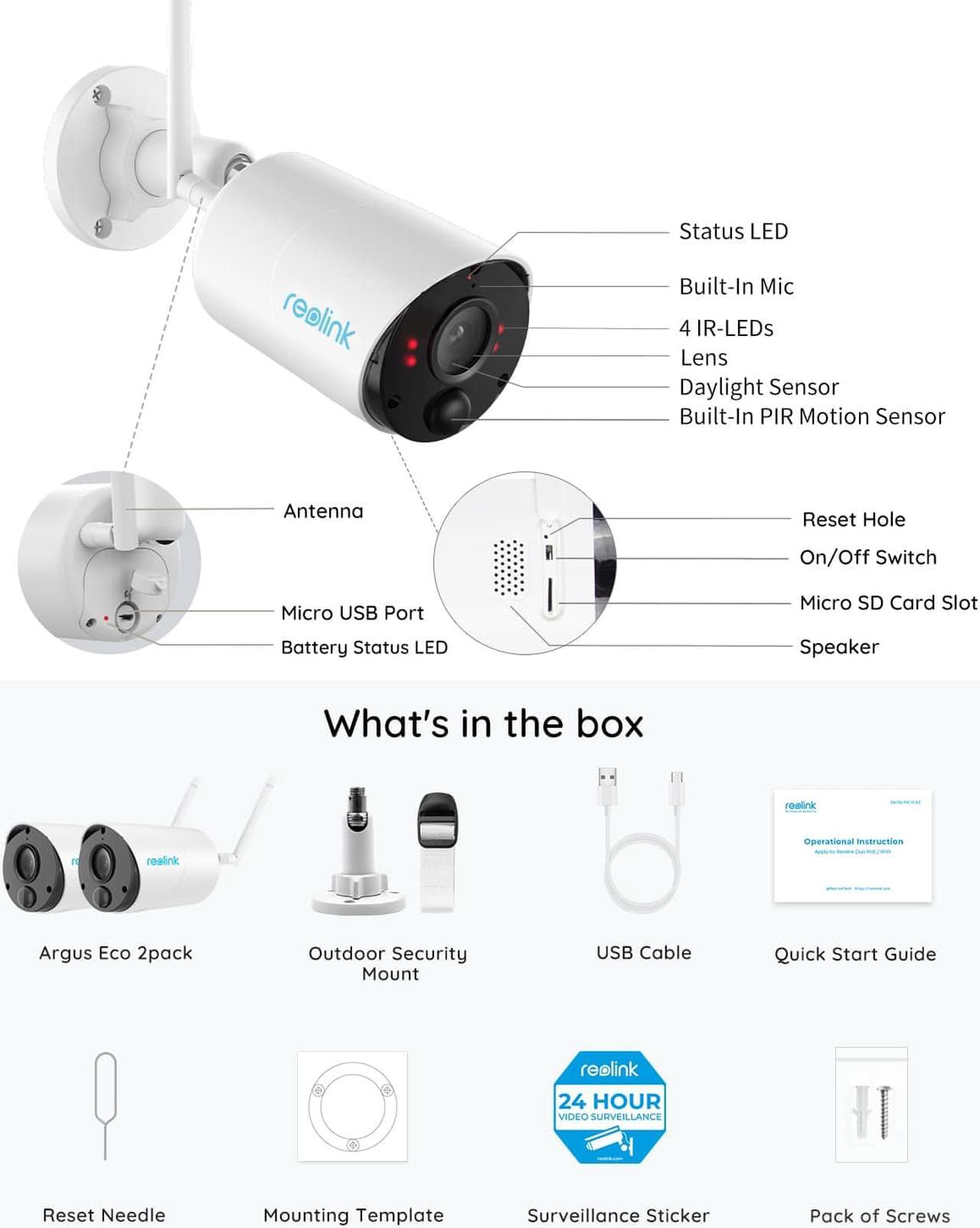 Alt view image 7 of 7 - Reolink Wireless Security Camera Outdoor 3MP HD, Rechargeable Battery-Powered, 2.4GHz WiFi, Night Vision, 2-Way Talk, Works with Alexa, Local SD Storage Smart Alarm -  Argus Eco