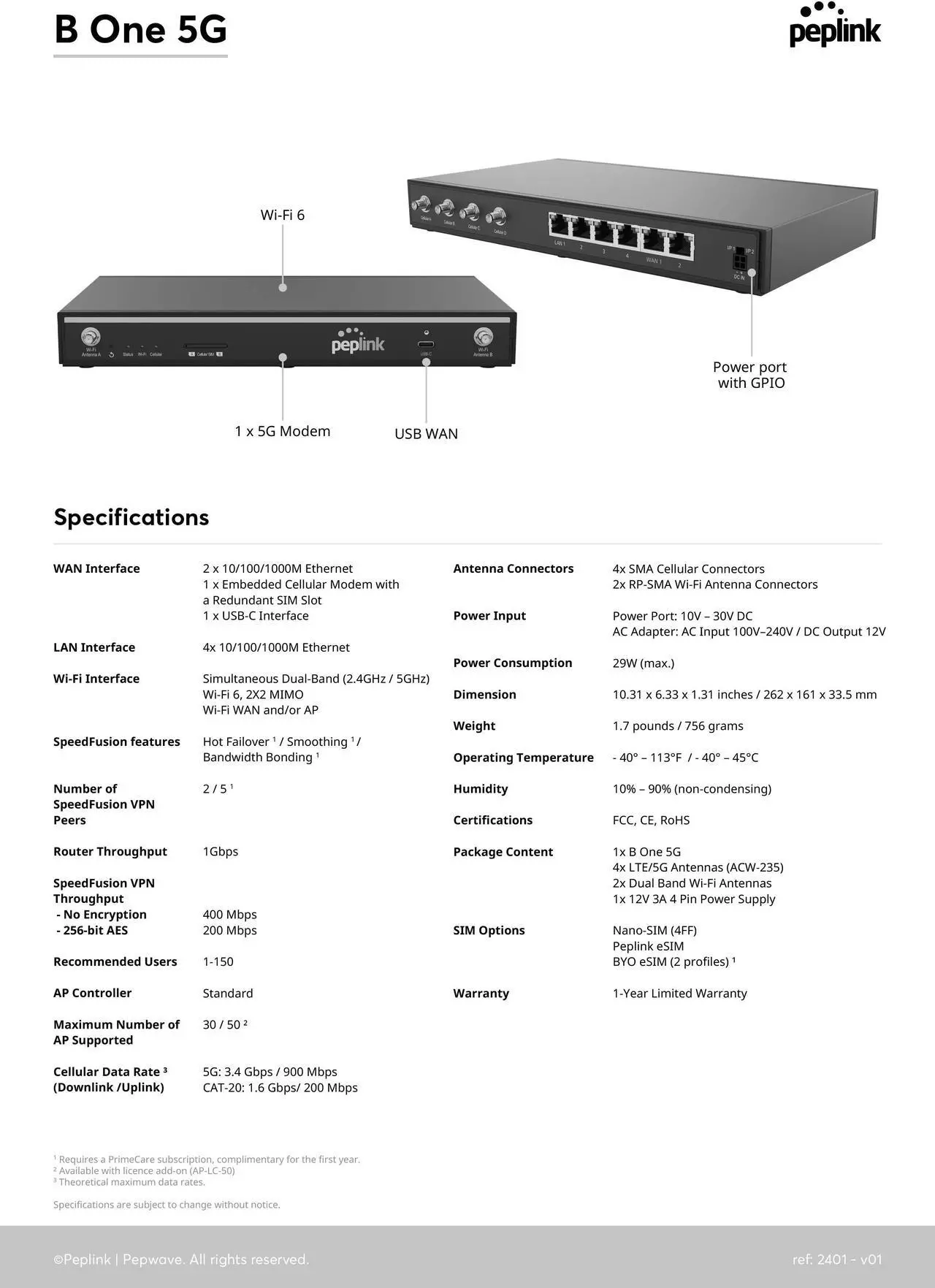 Alt view image 5 of 5 - Peplink B One 5G - Gigabit Dual WAN Cellular WiFi Router for Wireless Internet - 1Gbps Throughput, Wi-Fi 6, Dual-Band, 4 LAN Ports, Supports 150 Users