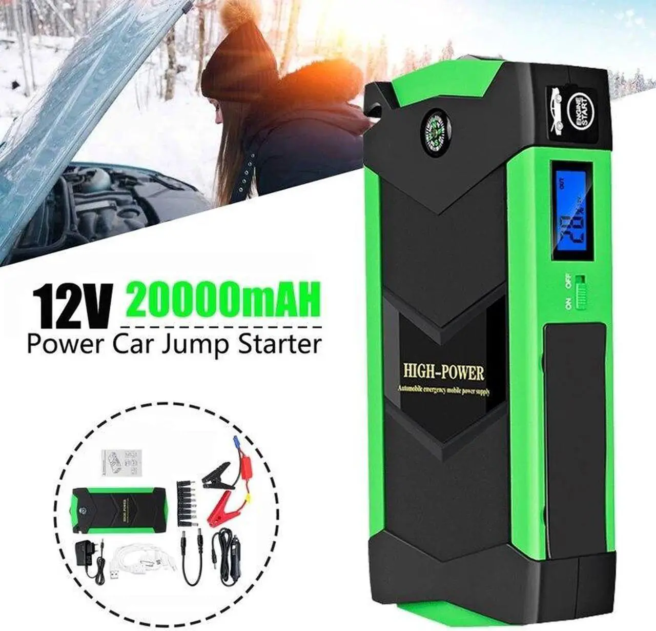 Main image of High Power Car Jump Starter 20000MAh Starting Device with Quick Charger, 12V 600A Power Bank Car Charger US Plug