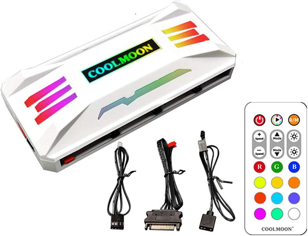 COOLMOON Pwm Fan Temperature Controller Integrator, Remote Control PC RGB Light Adapter, 8*4pin Fan Speed Controller Port, 10*5v 3pin A-RGB Port with Magnet (White)