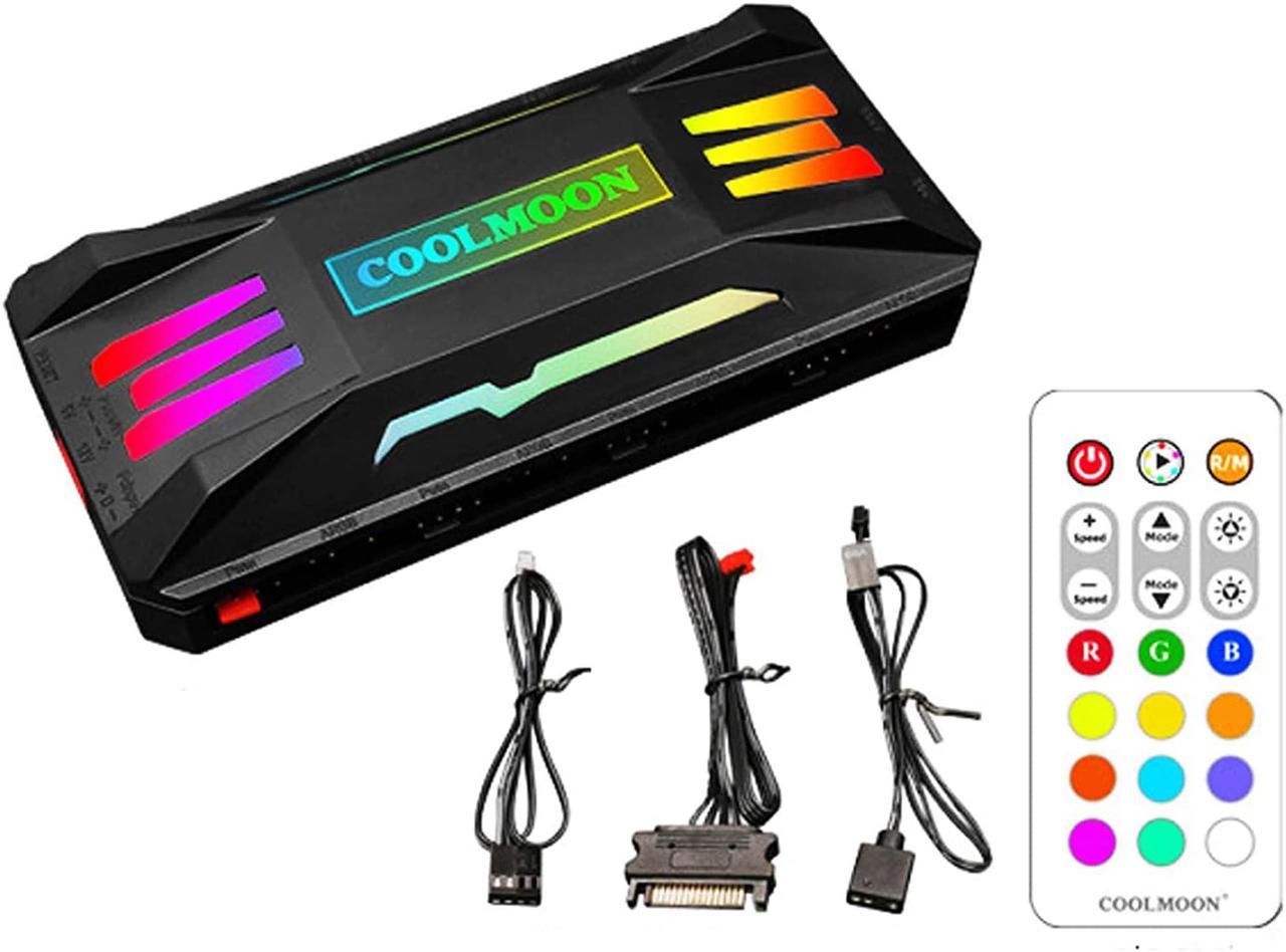 COOLMOON Pwm Fan Temperature Controller Integrator, Remote Control PC RGB Light Adapter, 8*4pin Fan Speed Controller Port, 10*5v 3pin A-RGB Port with Magnet(Black)