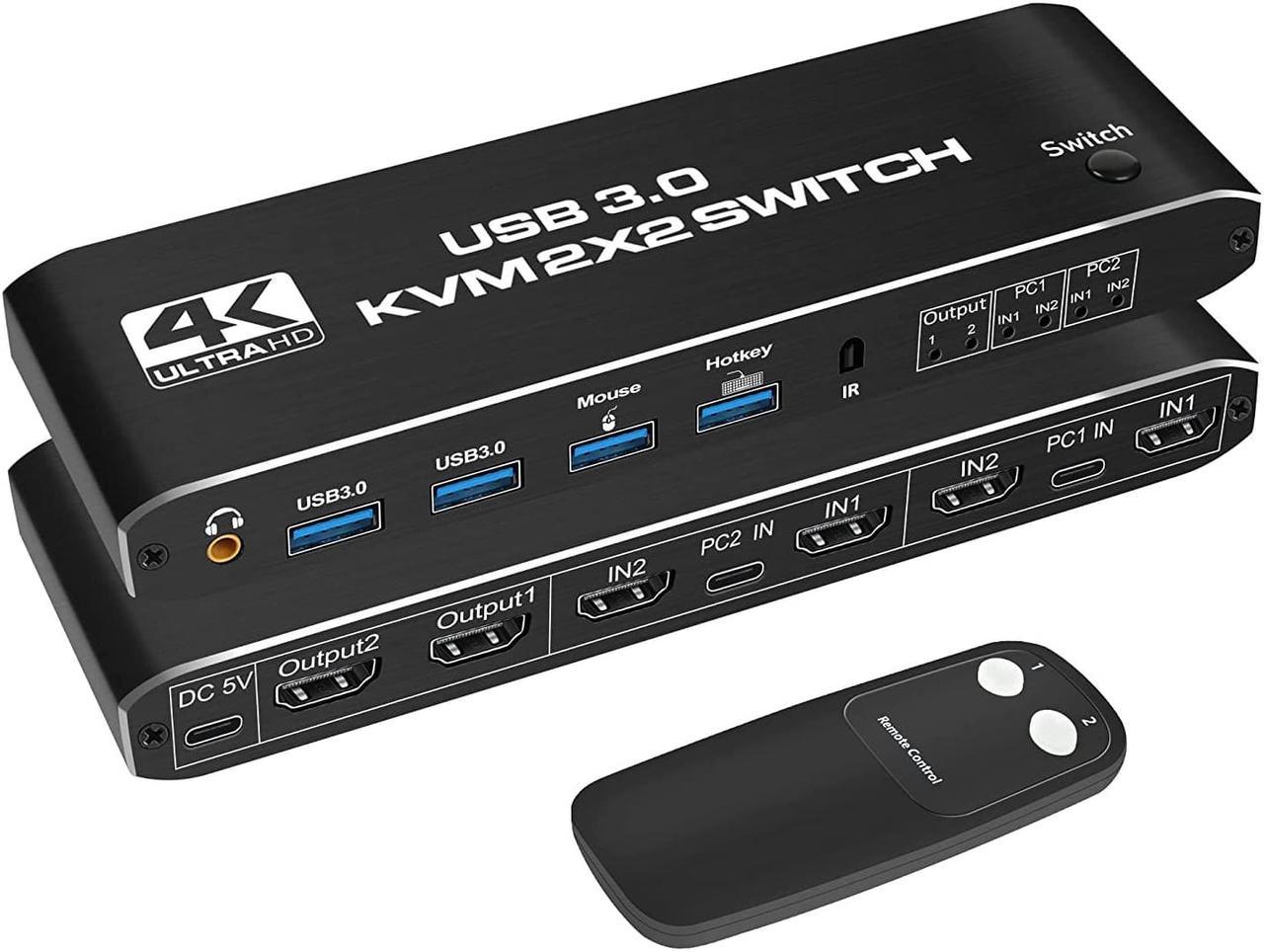 KVM Switch 2 Monitors 2 PCs, 4K@60Hz HDMI KVM Switch with Audio, Keyboard Video Mouse Peripherals Display Port Switcher, UHD Support, USB 3.0 Hub, Hotkeys