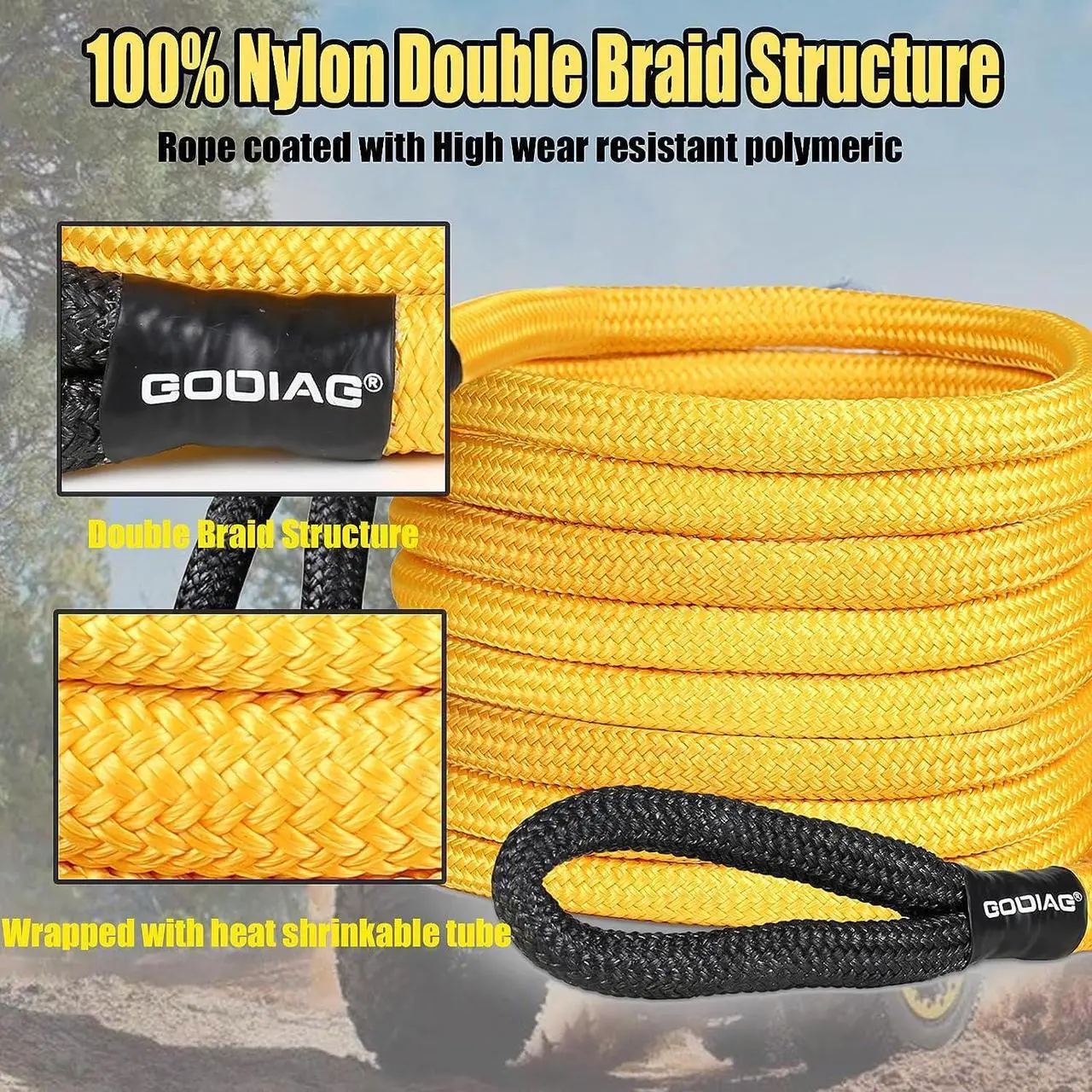 Alt view image 3 of 7 - GODIAG Kinetic Recovery Tow Rope 14Tons Pulling Force 20ft/6M 2.5CM Diameter with 2 Soft Shackles for Jeep/ATV/SUV/UTV/Truck/Field Rescue