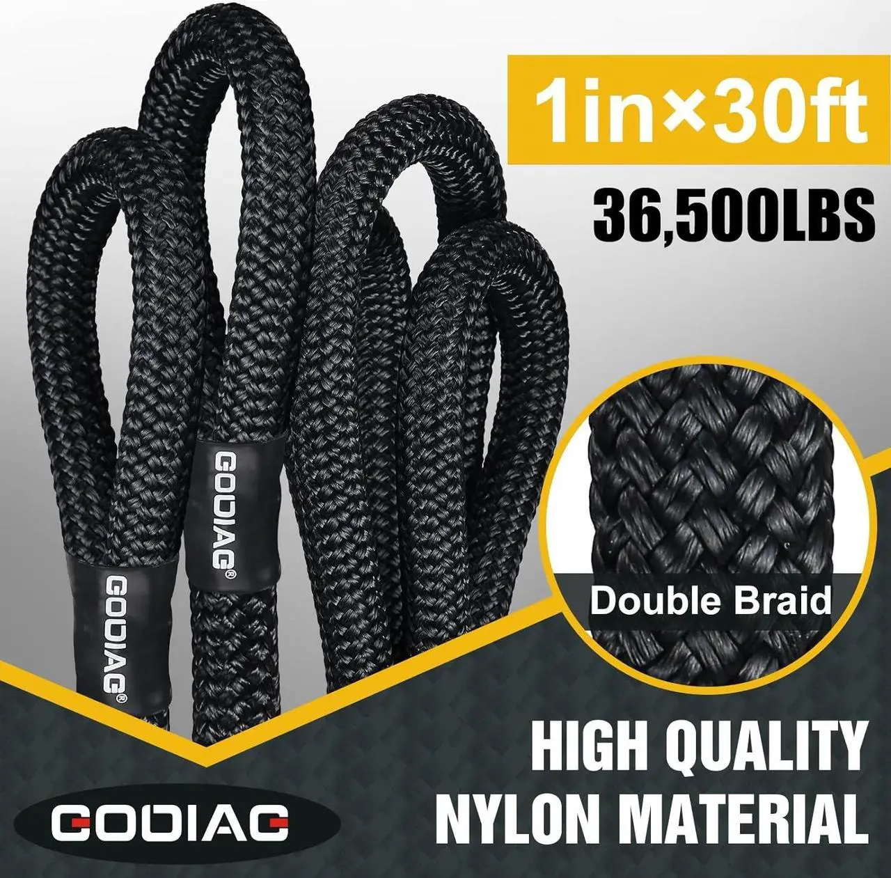 Main image of GODIAG 1"×30ft Kinetic Recovery Tow Rope (36500lbs) Heavy Duty Energy Rope with 2 Soft Shackles, 30% Elasticity Offroad Power Rope for Truck Jeep Car ATV UTV Tractor