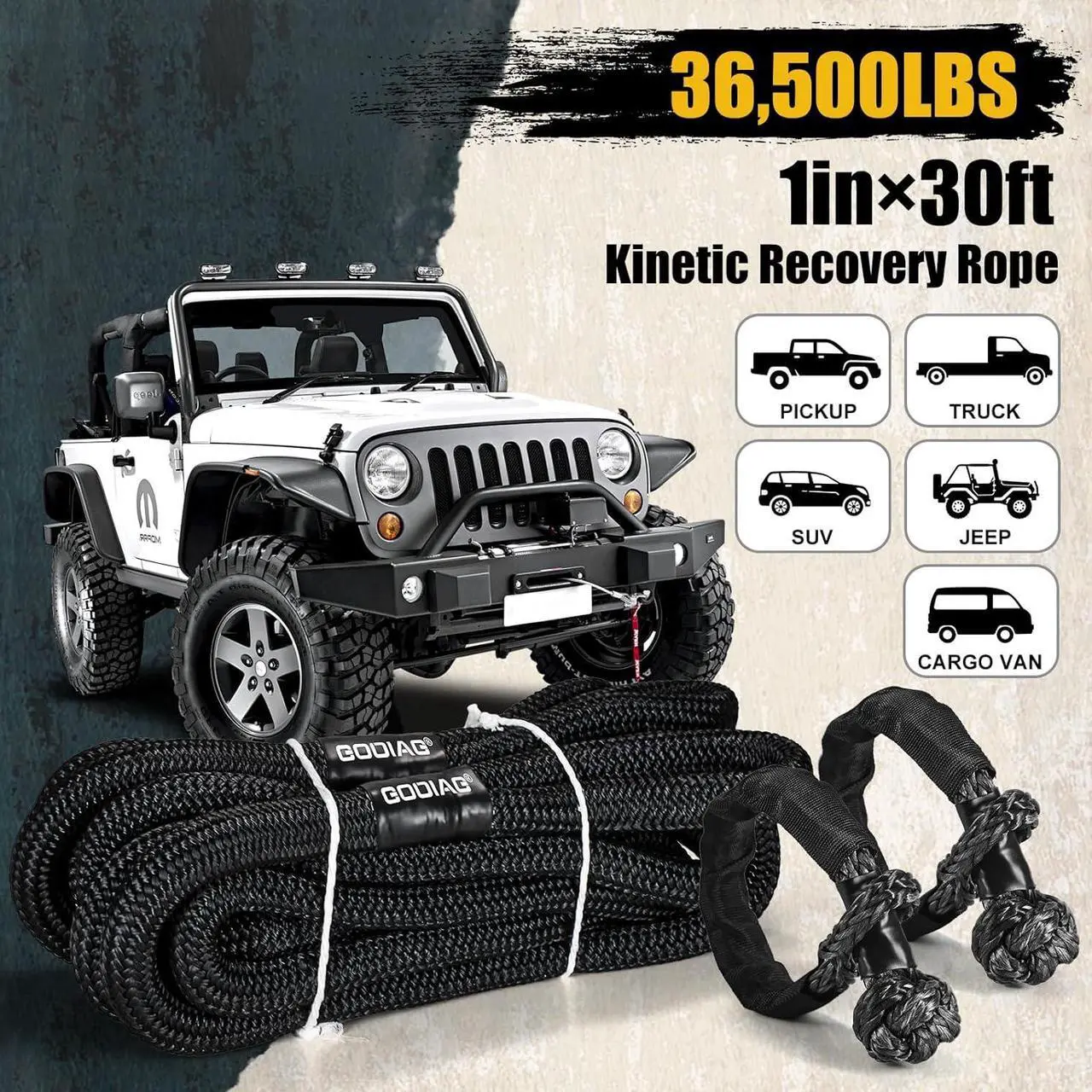 Alt view image 4 of 5 - GODIAG 1"×30ft Kinetic Recovery Tow Rope (36500lbs) Heavy Duty Energy Rope with 2 Soft Shackles, 30% Elasticity Offroad Power Rope for Truck Jeep Car ATV UTV Tractor