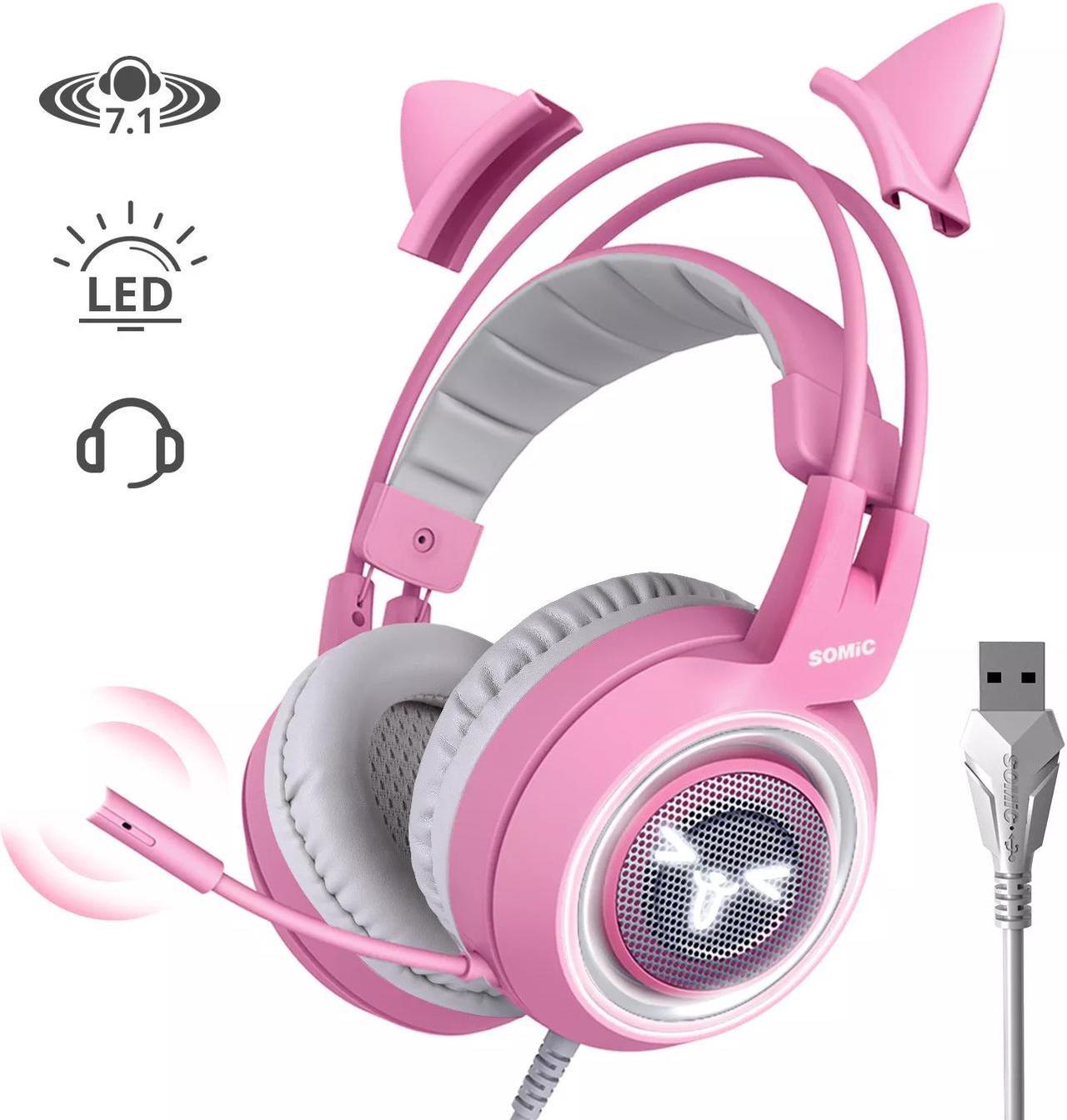 SOMIC G951 Pink Lovely Cat Shape Noise Cancelling Girl Gaming Headphones, Virtual 7.1 Surround Sound Effect Headset with SVE Vibration and Cute LED Light Pattern For PS4 PC Laptop Games