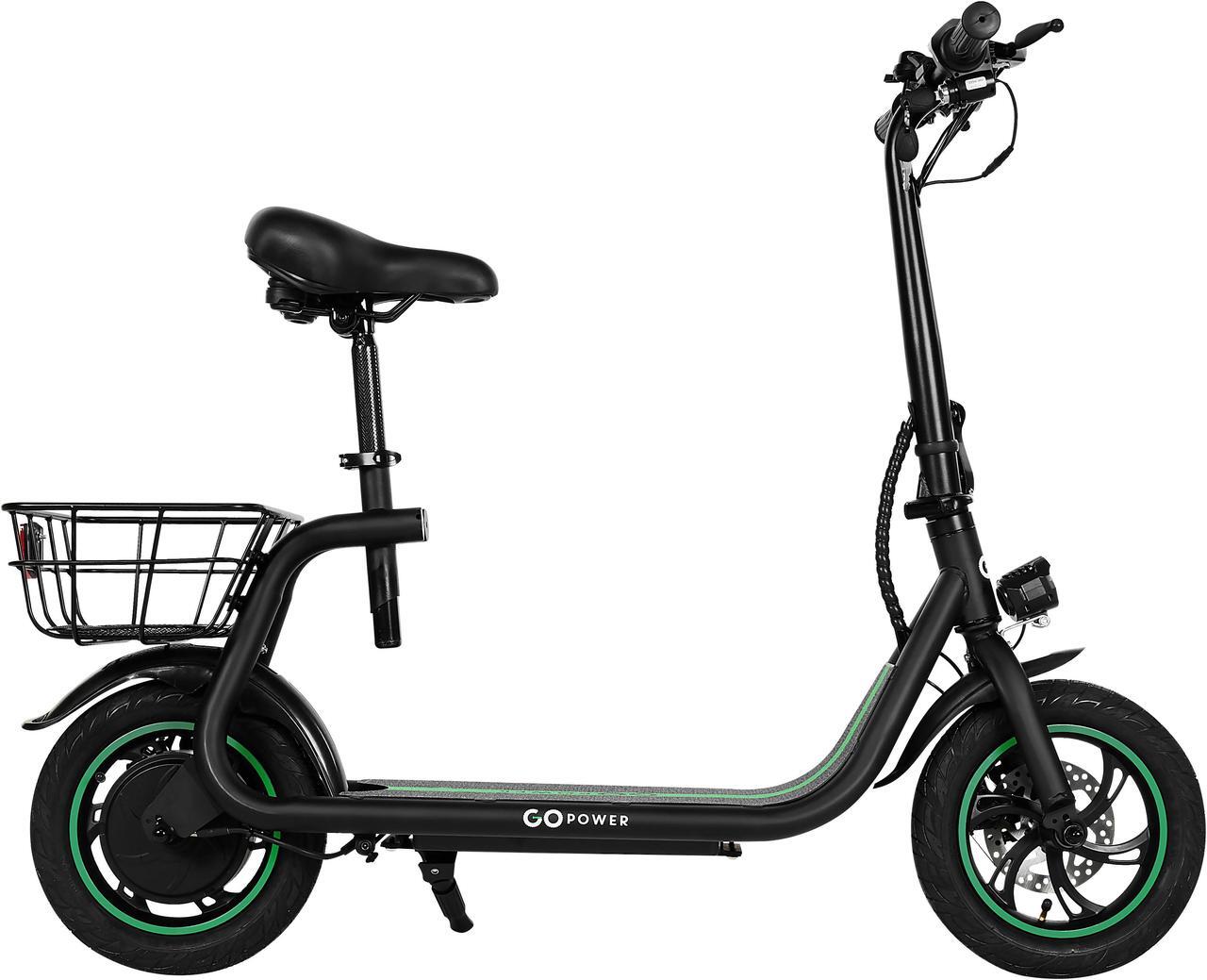 Main image of GoPowerBike GoFlow Electric Scooter with Seat | Comfortable Seat, Rear Basket, and Throttle Control | 16 mph Top Speed - 12 mile Range | 12" Tires | IP54 Waterproof
