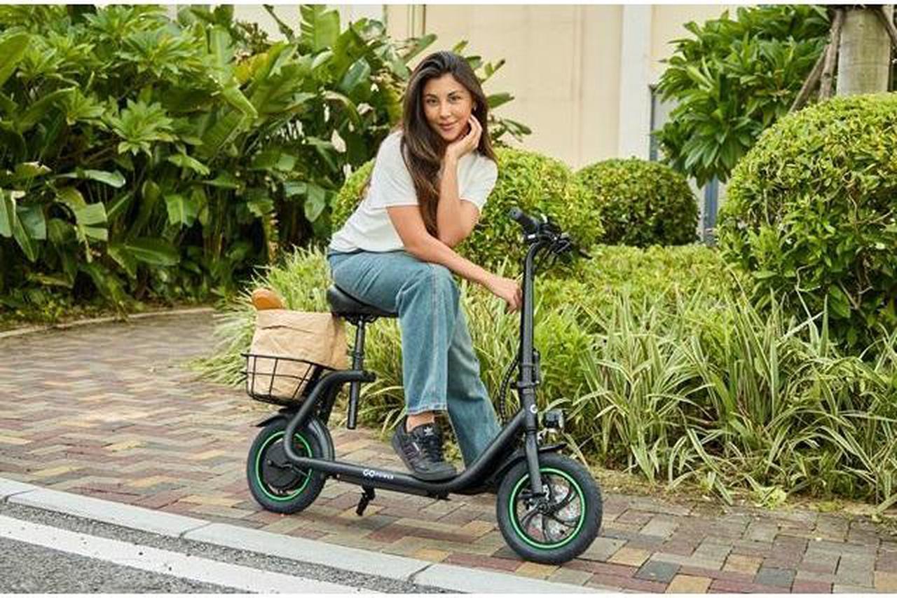 Alt view image 2 of 7 - GoPowerBike GoFlow Electric Scooter with Seat | Comfortable Seat, Rear Basket, and Throttle Control | 16 mph Top Speed - 12 mile Range | 12" Tires | IP54 Waterproof