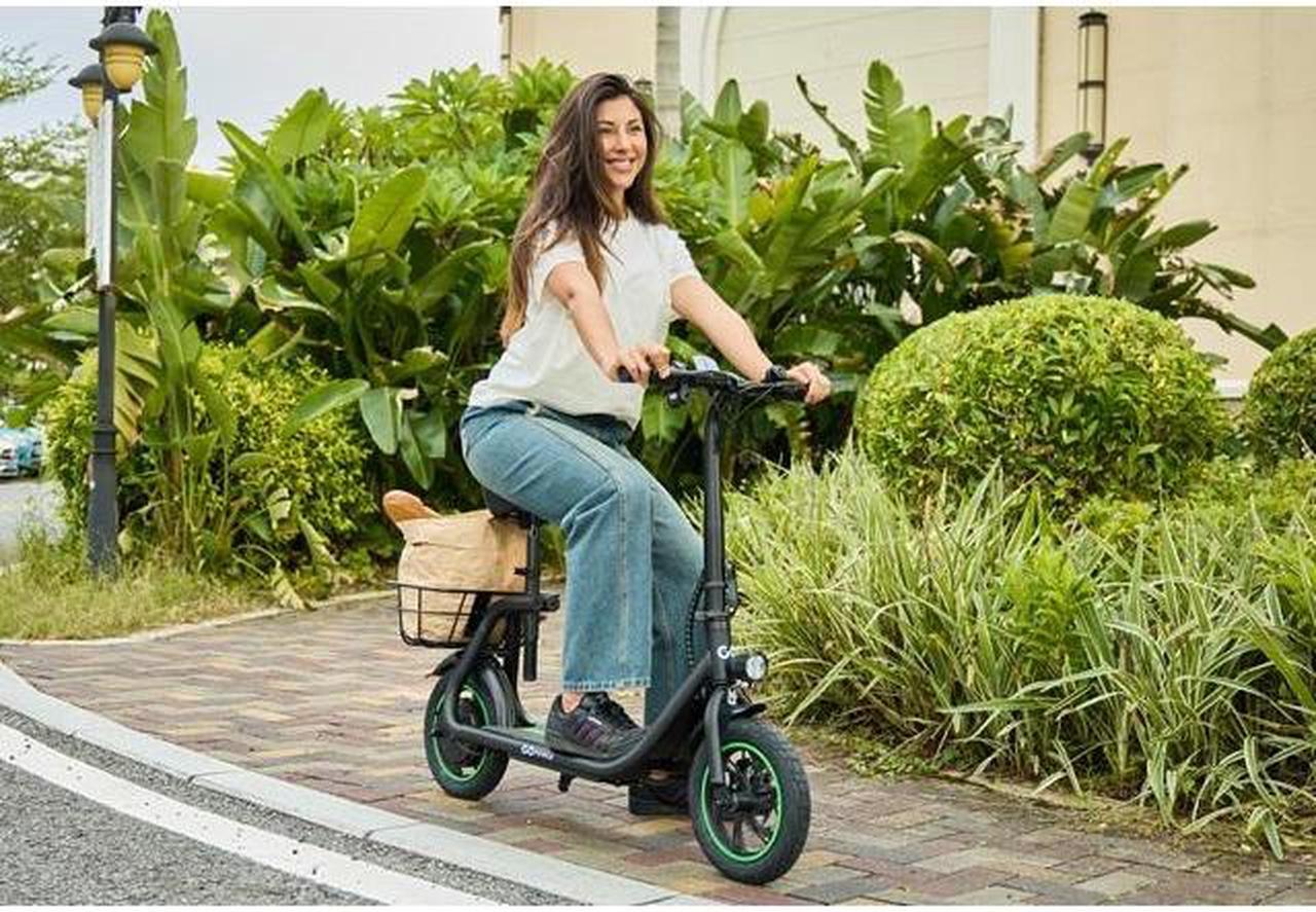 Alt view image 3 of 7 - GoPowerBike GoFlow Electric Scooter with Seat | Comfortable Seat, Rear Basket, and Throttle Control | 16 mph Top Speed - 12 mile Range | 12" Tires | IP54 Waterproof