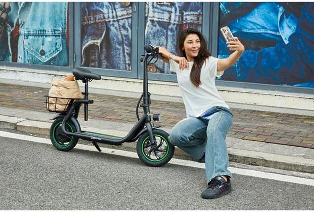 Alt view image 5 of 7 - GoPowerBike GoFlow Electric Scooter with Seat | Comfortable Seat, Rear Basket, and Throttle Control | 16 mph Top Speed - 12 mile Range | 12" Tires | IP54 Waterproof
