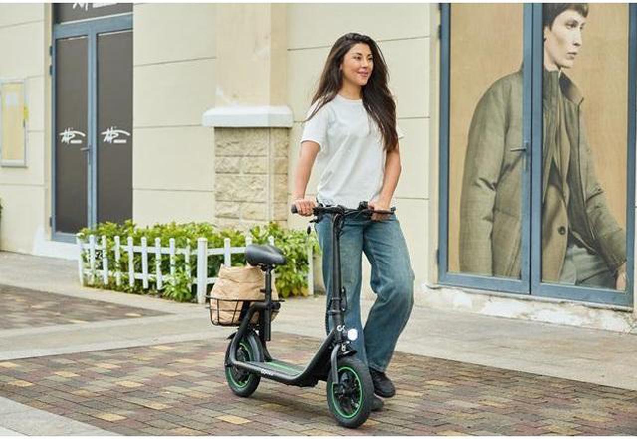 Alt view image 6 of 7 - GoPowerBike GoFlow Electric Scooter with Seat | Comfortable Seat, Rear Basket, and Throttle Control | 16 mph Top Speed - 12 mile Range | 12" Tires | IP54 Waterproof