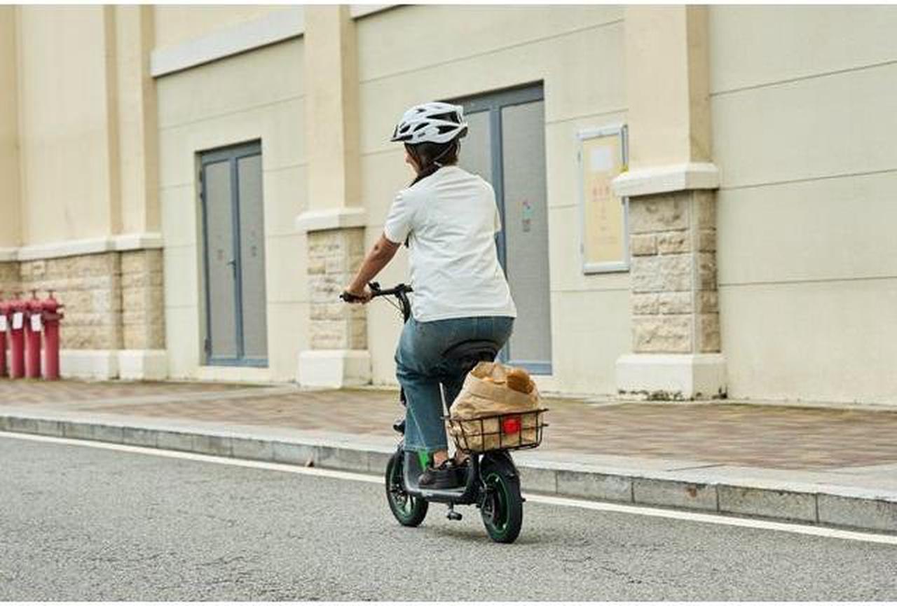 Alt view image 7 of 7 - GoPowerBike GoFlow Electric Scooter with Seat | Comfortable Seat, Rear Basket, and Throttle Control | 16 mph Top Speed - 12 mile Range | 12" Tires | IP54 Waterproof