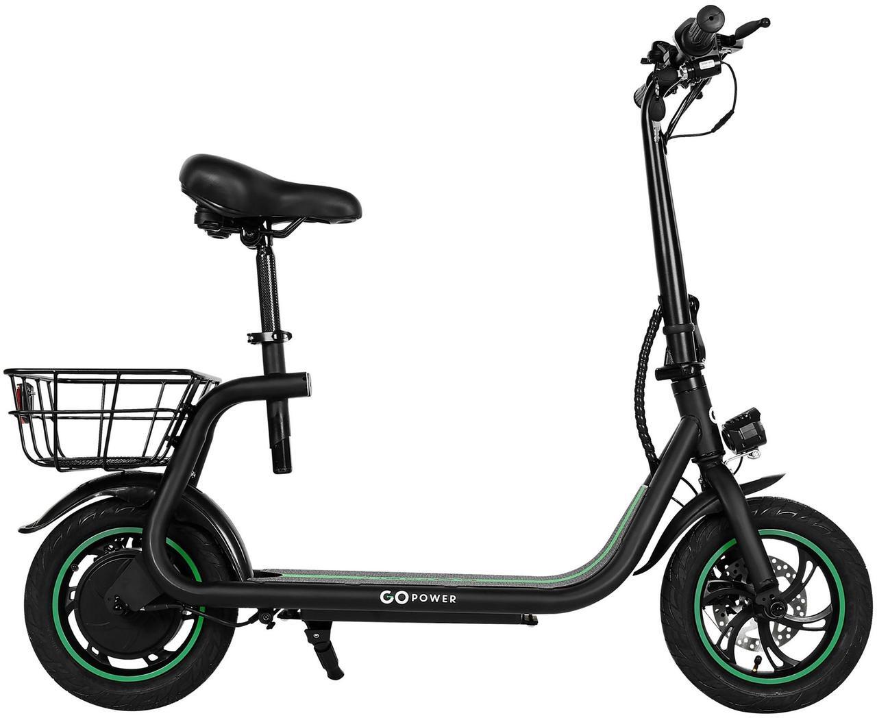 Main image of GoPowerBike GoFlow Electric Scooter with Seat | Comfortable Seat, Rear Basket, and Throttle Control | 16 mph Top Speed | 12 mile Range | 12" Tires | IP54 Waterproof