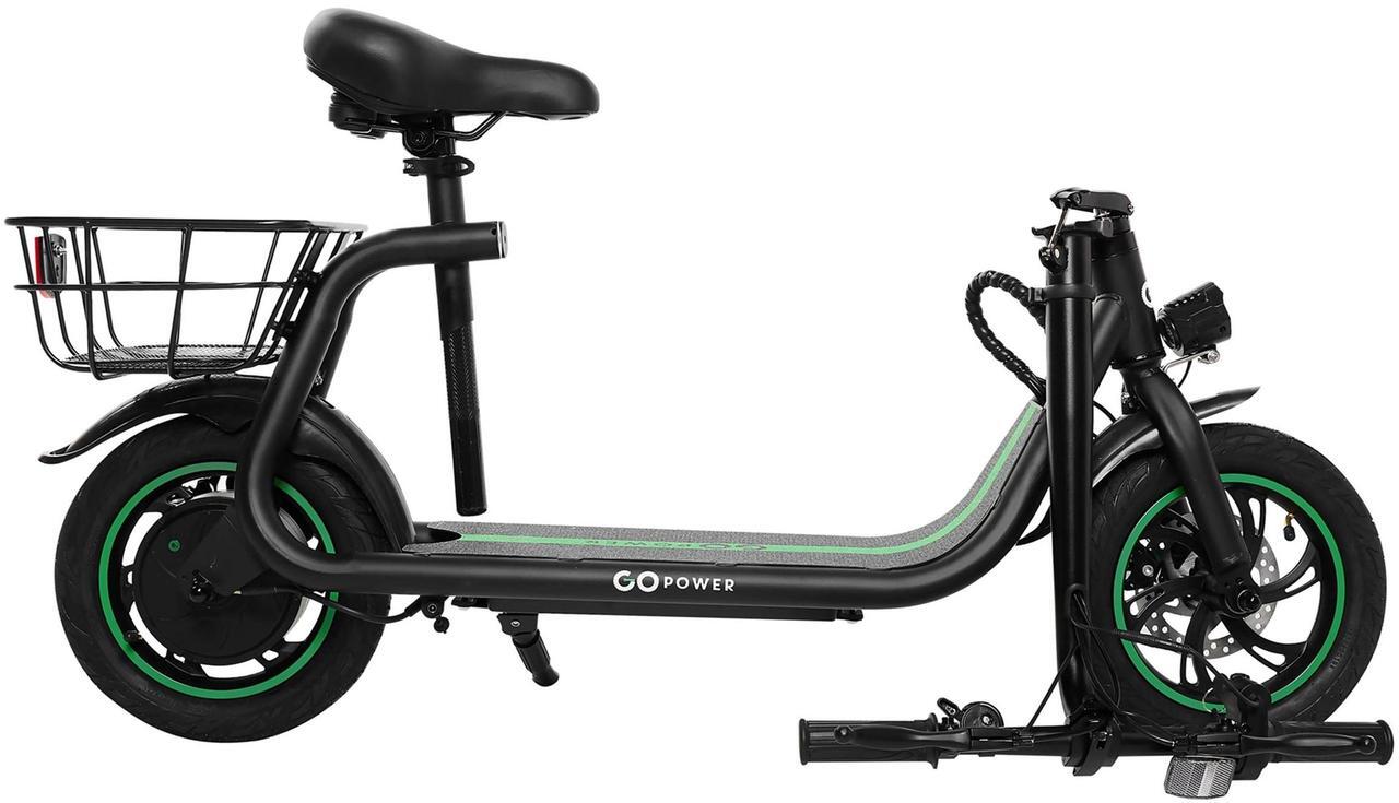 Alt view image 4 of 7 - GoPowerBike GoFlow Electric Scooter with Seat | Comfortable Seat, Rear Basket, and Throttle Control | 16 mph Top Speed | 12 mile Range | 12" Tires | IP54 Waterproof