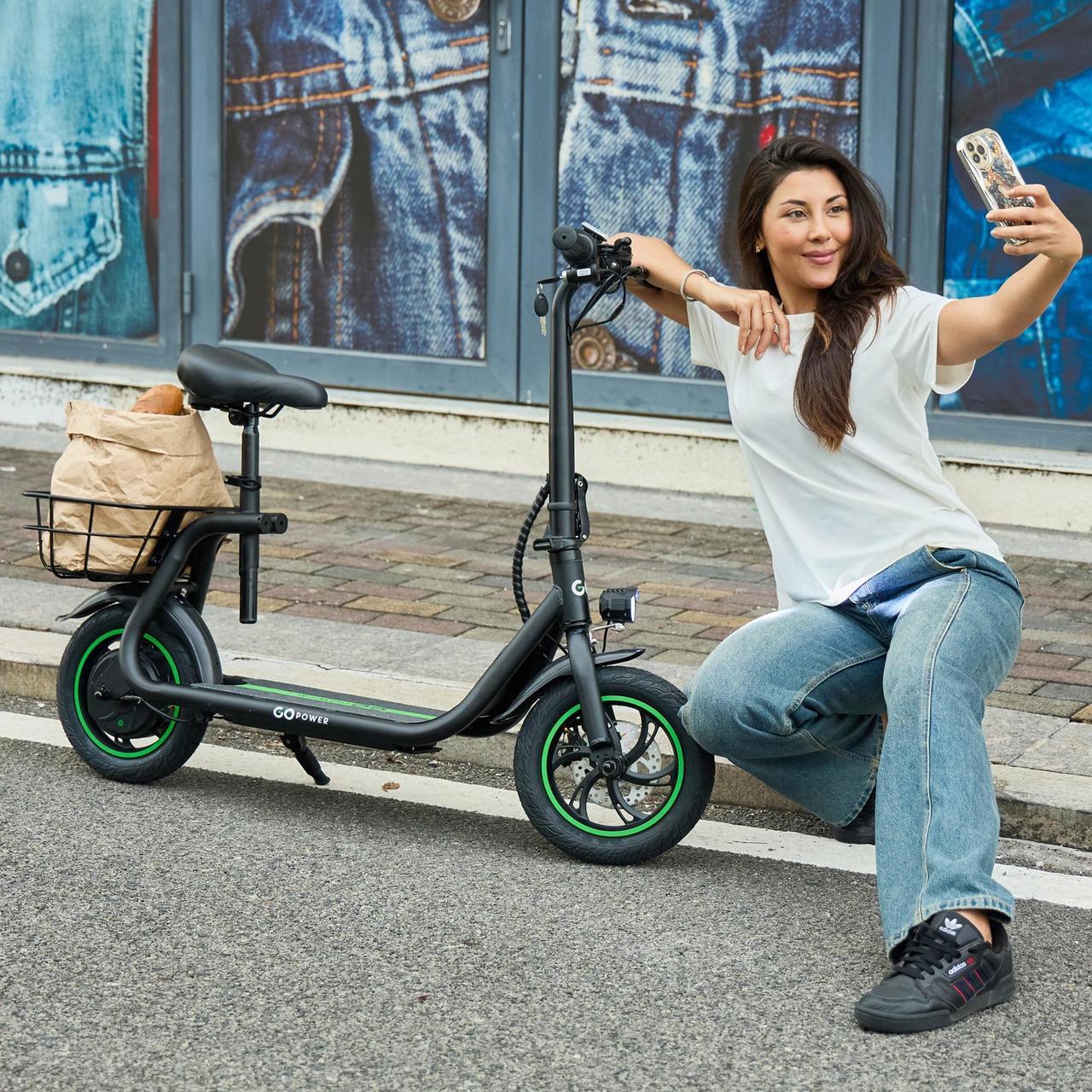Alt view image 5 of 7 - GoPowerBike GoFlow Electric Scooter with Seat | Comfortable Seat, Rear Basket, and Throttle Control | 16 mph Top Speed | 12 mile Range | 12" Tires | IP54 Waterproof