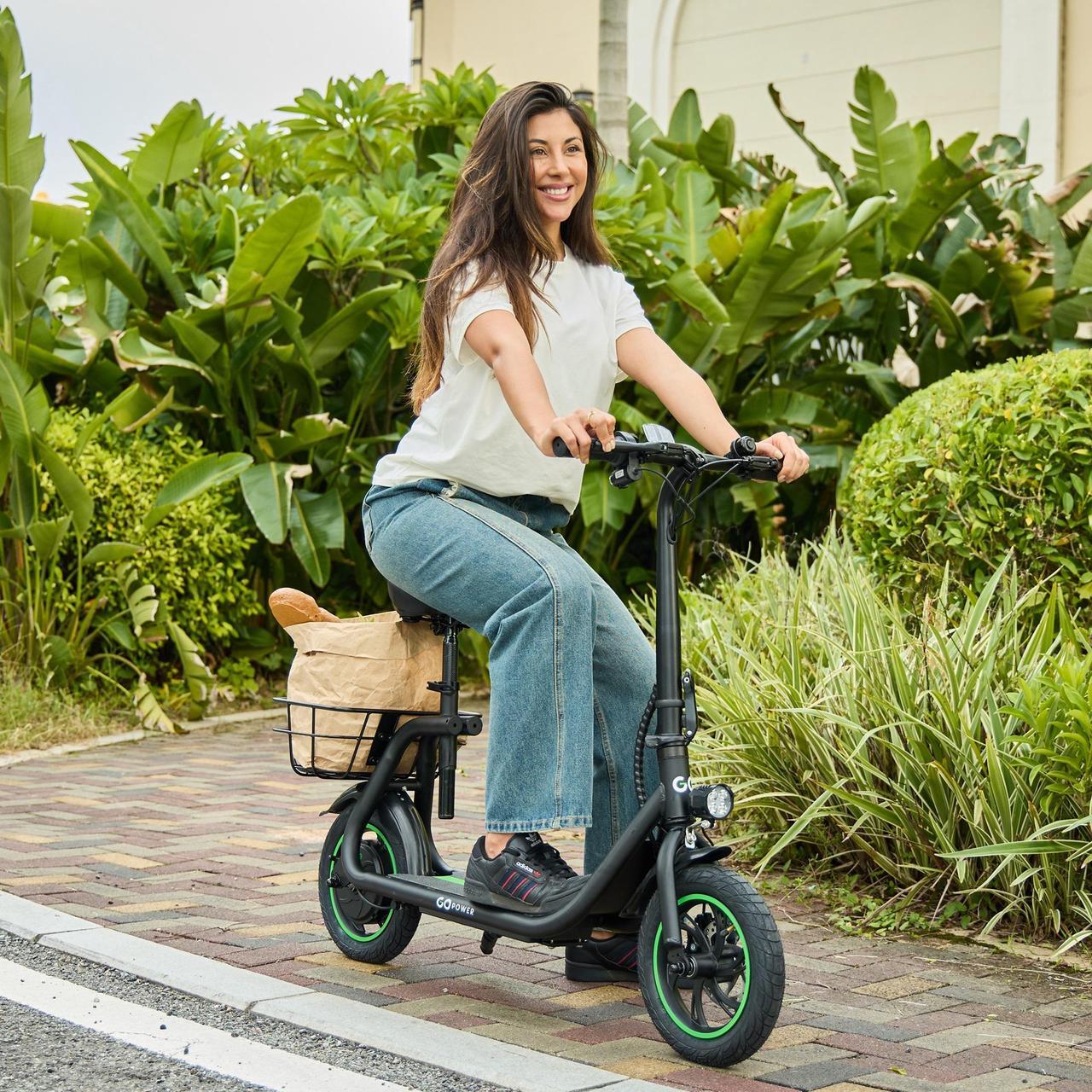 Alt view image 3 of 7 - GoPowerBike GoFlow Electric Scooter with Seat | Comfortable Seat, Rear Basket, and Throttle Control | 16 mph Top Speed | 12 mile Range | 12" Tires | IP54 Waterproof