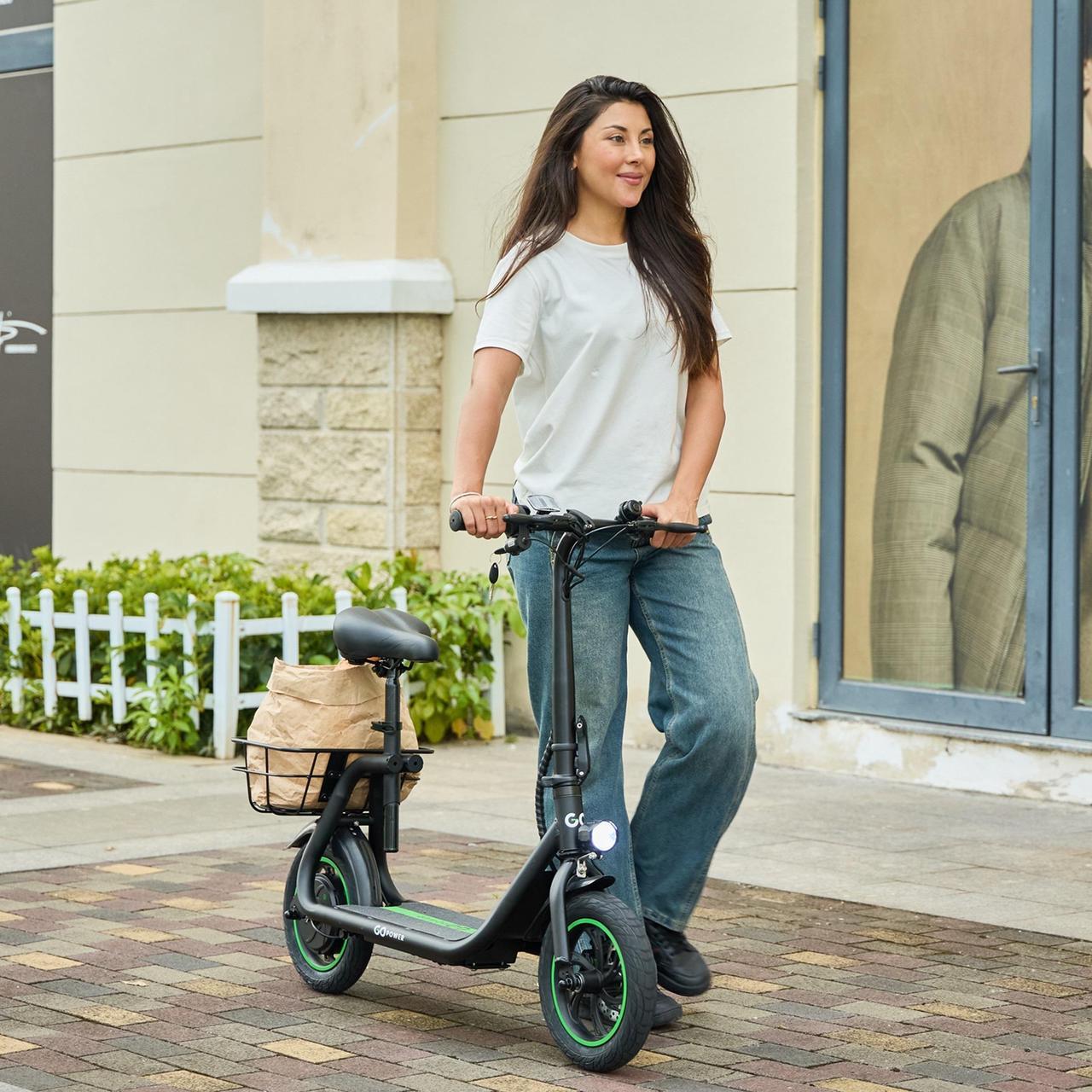 Alt view image 6 of 7 - GoPowerBike GoFlow Electric Scooter with Seat | Comfortable Seat, Rear Basket, and Throttle Control | 16 mph Top Speed | 12 mile Range | 12" Tires | IP54 Waterproof