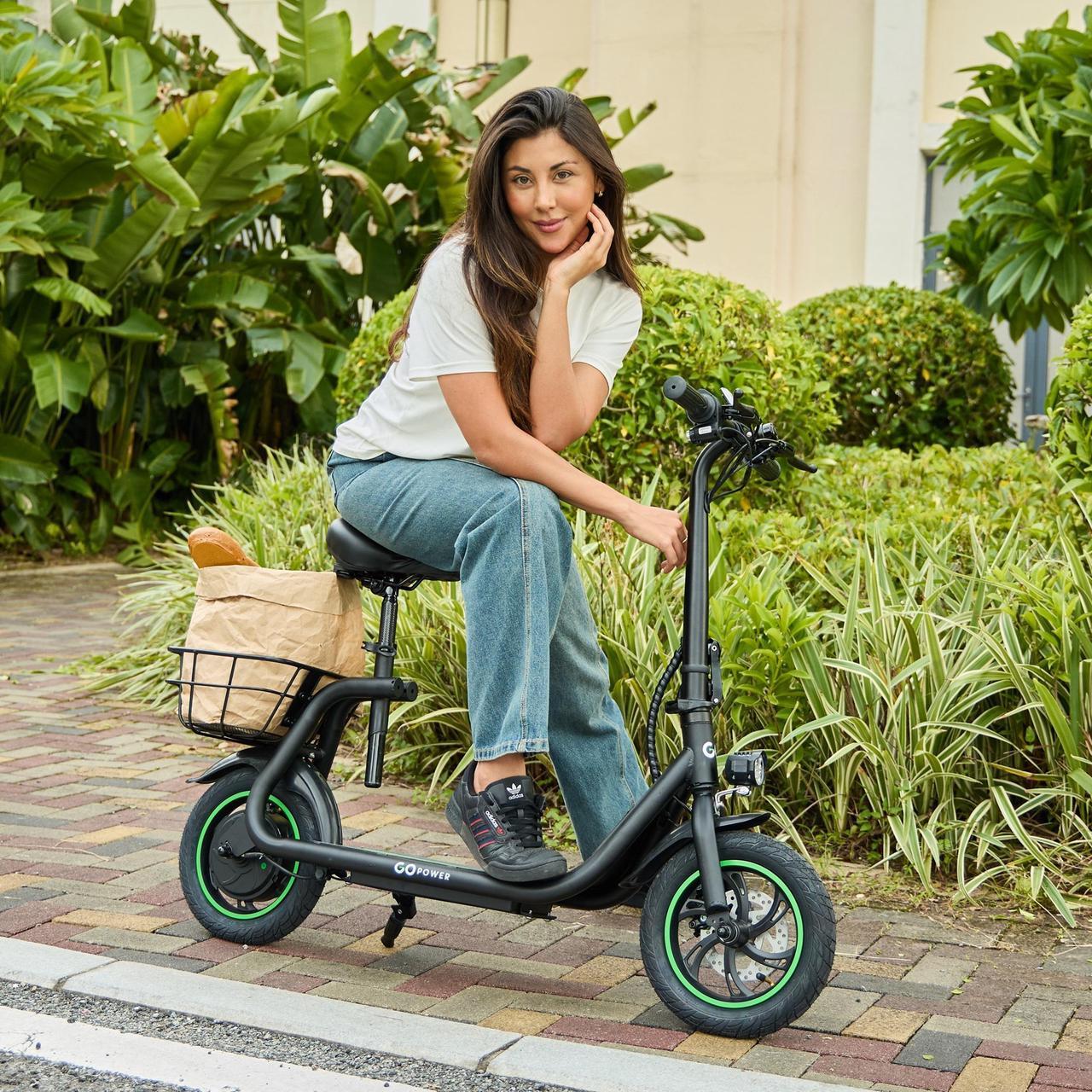 Alt view image 2 of 7 - GoPowerBike GoFlow Electric Scooter with Seat | Comfortable Seat, Rear Basket, and Throttle Control | 16 mph Top Speed | 12 mile Range | 12" Tires | IP54 Waterproof