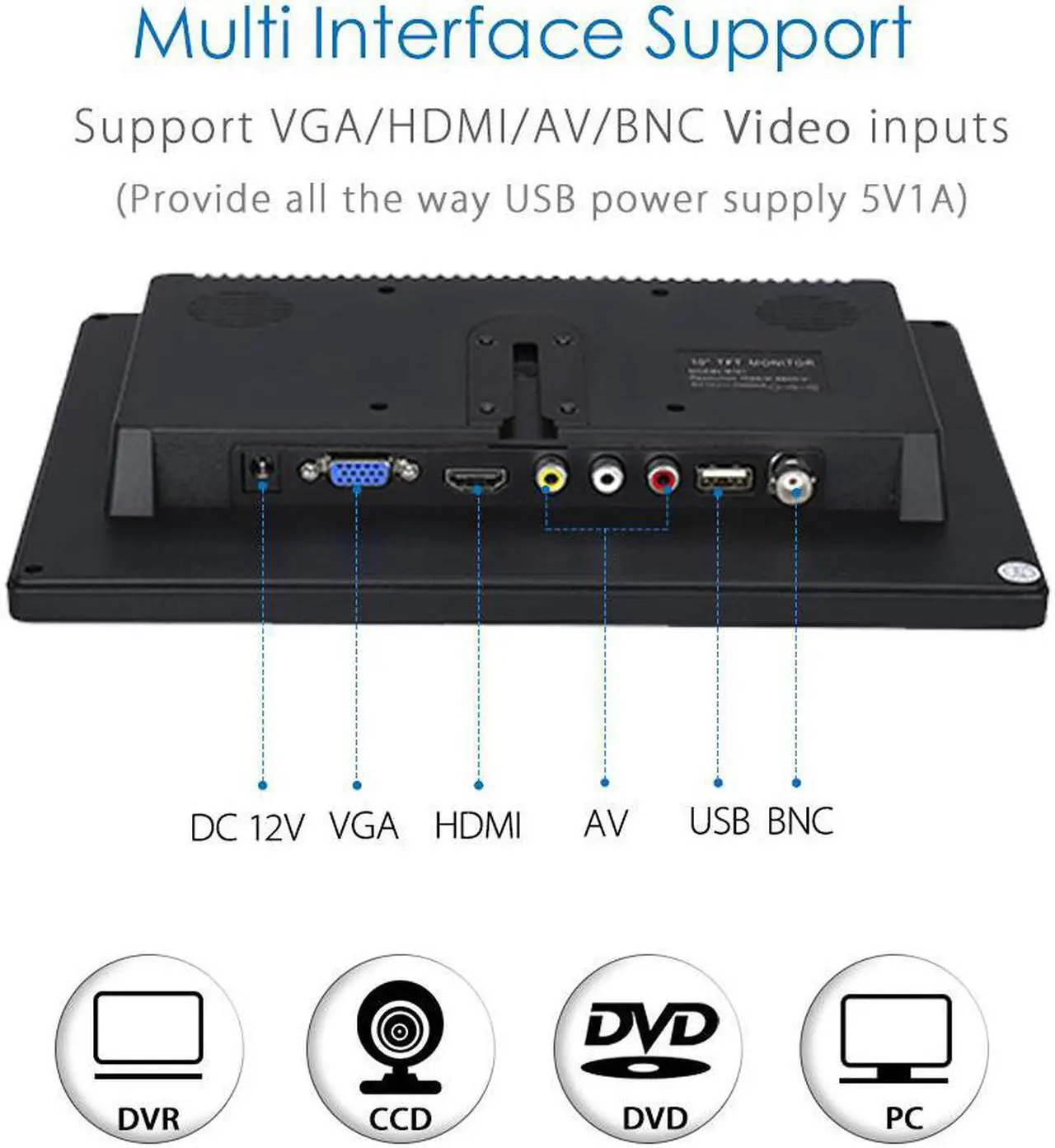 Alt view image 3 of 7 - Nexanic 10.1 inch Monitor HD 1024*600 with Video Audio VGA AV BNC USB HDMI 10 inch Dispaly for CCTV Camera PC DVD Laptop