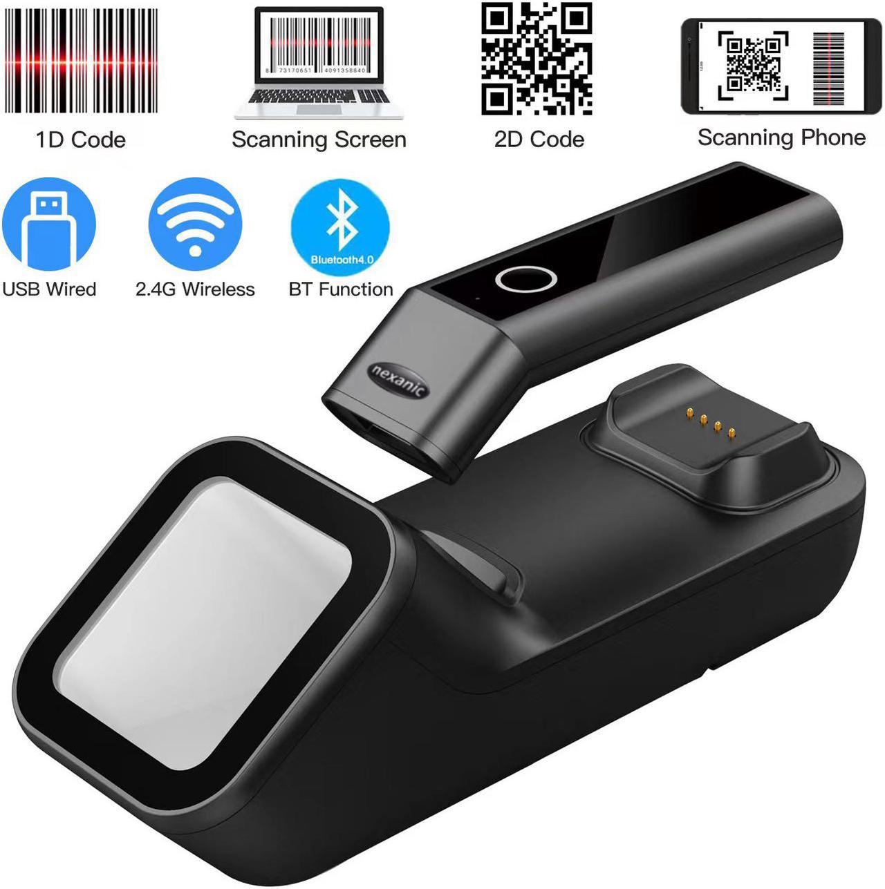 Nexanic R50 Bluetooth 2D Wireless 2.4G USB 3 in 1 Barcode Scanner Scan Automactically with Charge Base Mobile Payment Code Reader