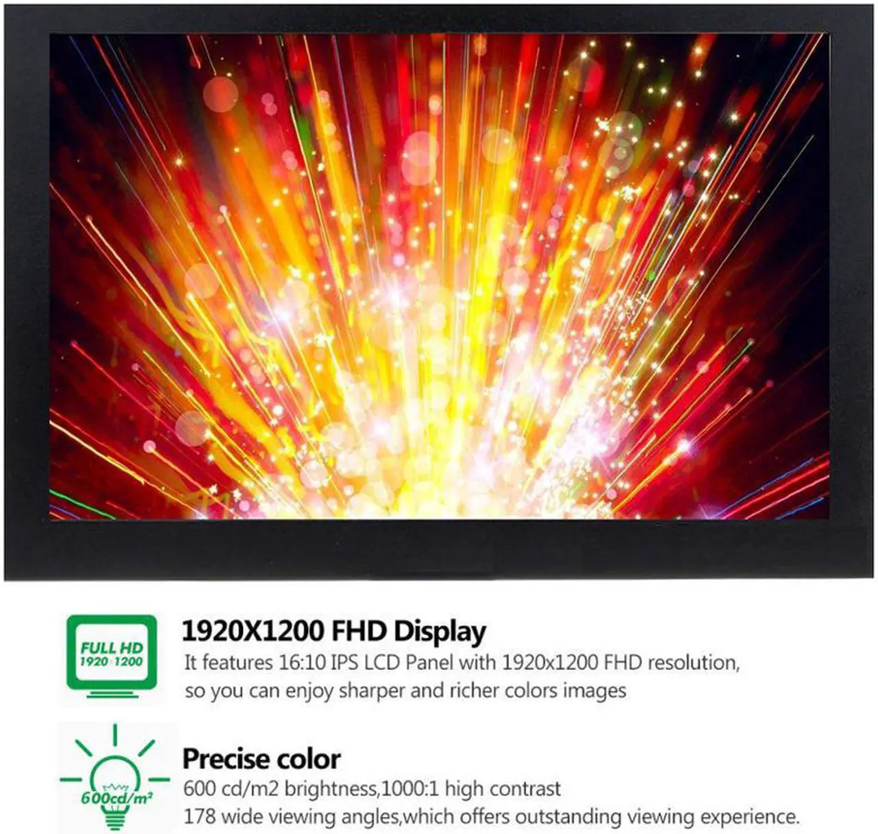 Alt view image 2 of 6 - 10 inch Monitor 1920x1200 FHD1080P IPS Display with Video Audio VGA AV BNC USB HDMI for CCTV Camera PC DVD Laptop