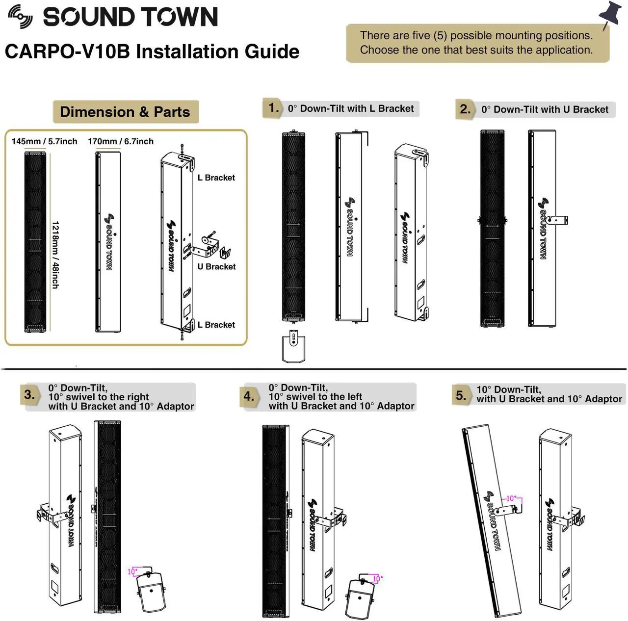 Alt view image 7 of 7 - Sound Town Passive Wall-Mount Column Mini Line Array Speaker with 8 x 5” Woofers, Black for Live Event, Church, Conference, Lounge (CARPO-V10B)