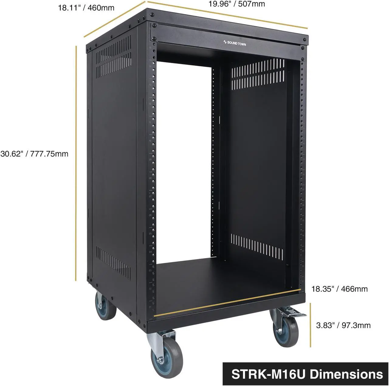 Alt view image 6 of 7 - STRK-M16U Sound Town 16U Universal Steel Rack, w/ 3" Locking Casters, Vented Side Panels for Audio Video, Server and Network Equipment (STRK-M16U)