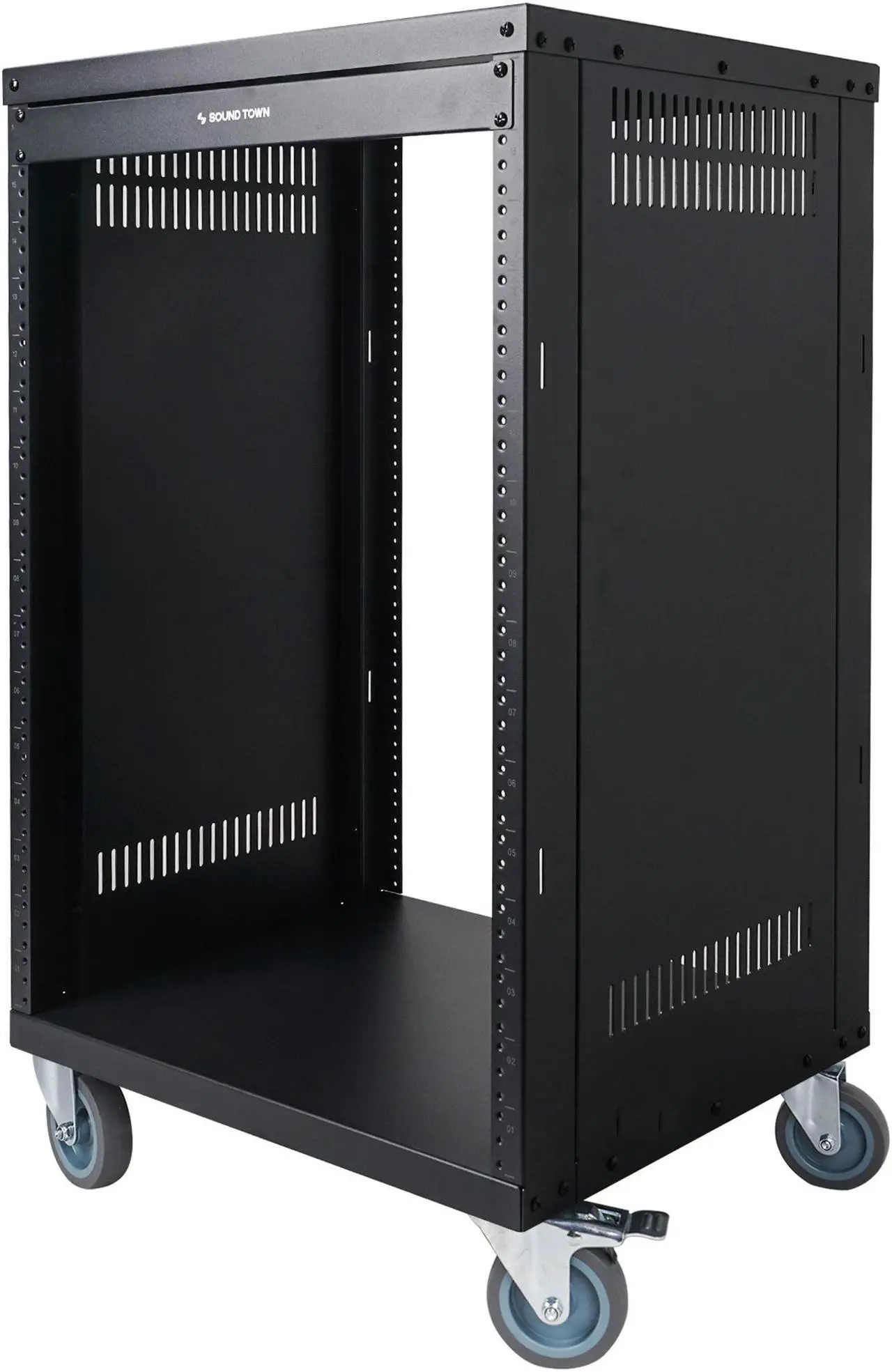 Alt view image 3 of 7 - STRK-M16U Sound Town 16U Universal Steel Rack, w/ 3" Locking Casters, Vented Side Panels for Audio Video, Server and Network Equipment (STRK-M16U)