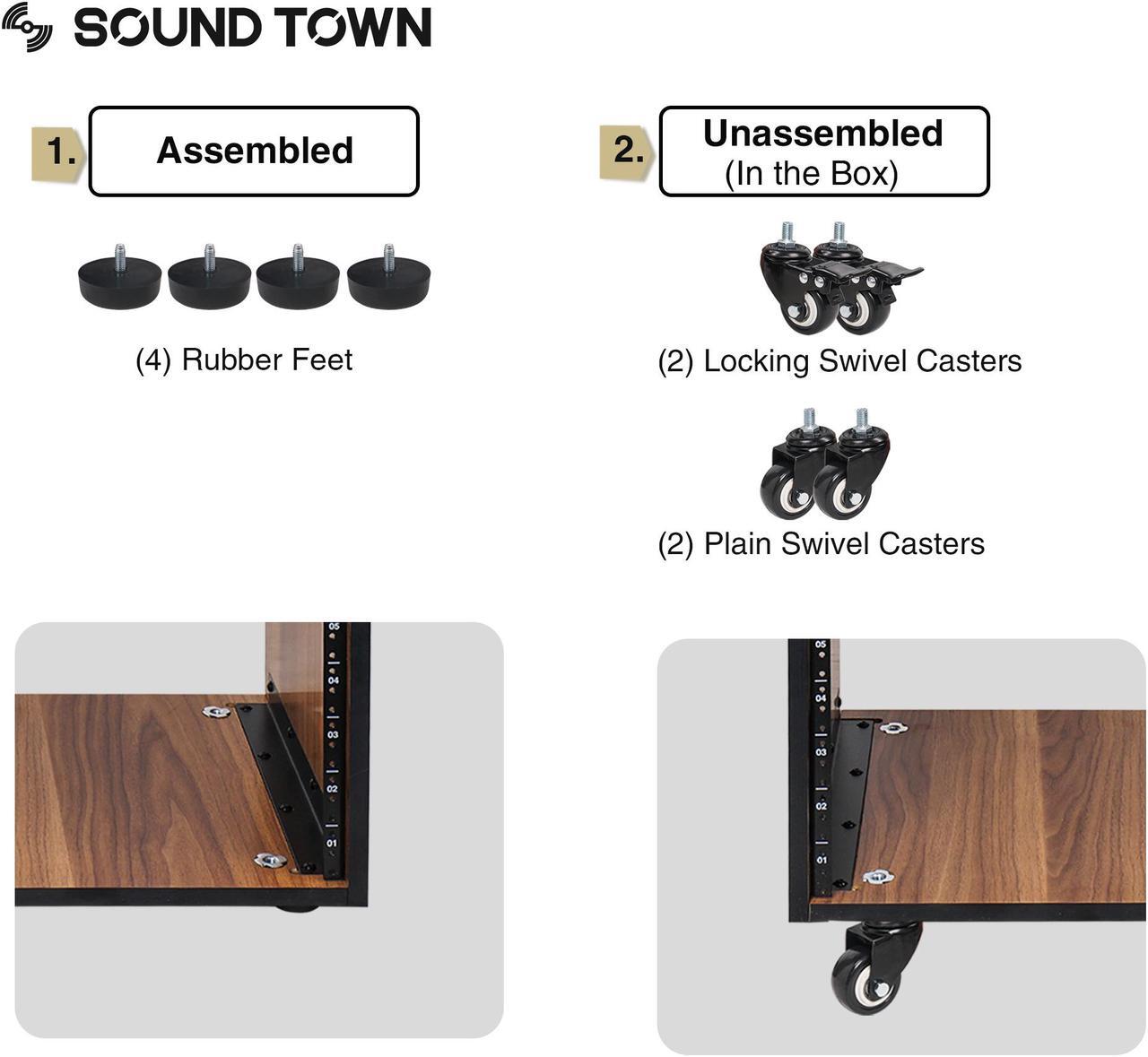 Alt view image 6 of 6 - Sound Town DIY 20U Studio Rack with Furniture Grade Walnut Laminate, Rubber Feet, Casters (SDRK-20WN)