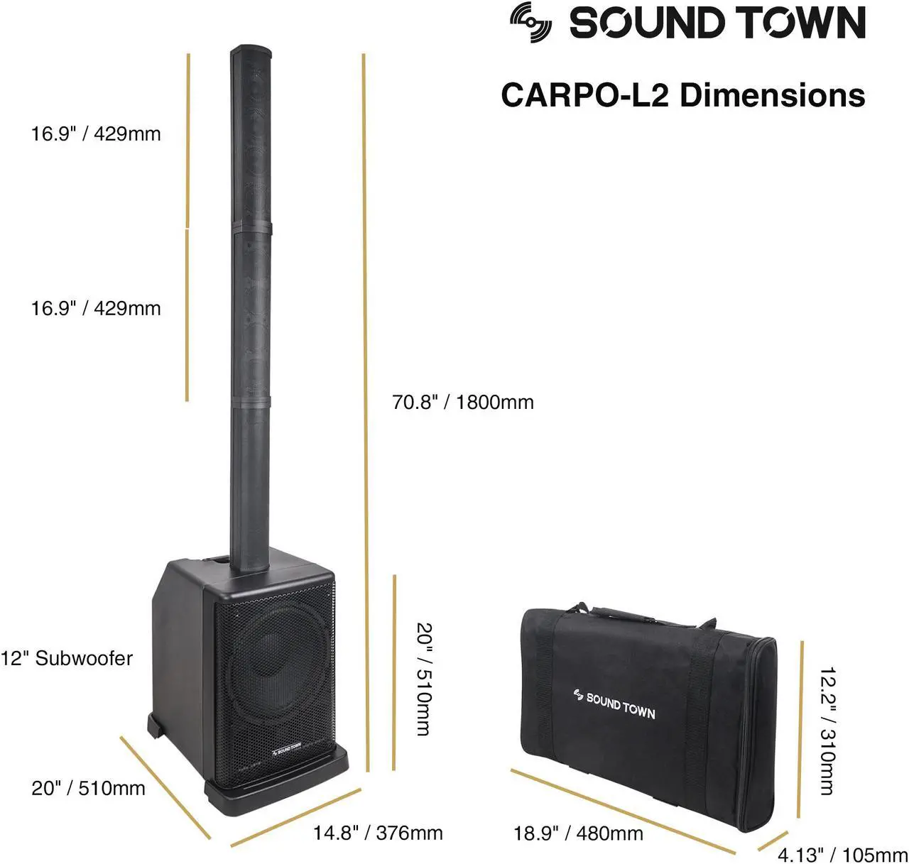 Alt view image 2 of 7 - Sound Town Portable PA/DJ System w/ 12" Powered Subwoofer, 8 x 3 Column Speaker and Two UHF Wireless Microphones (CARPO-L2SWM01)