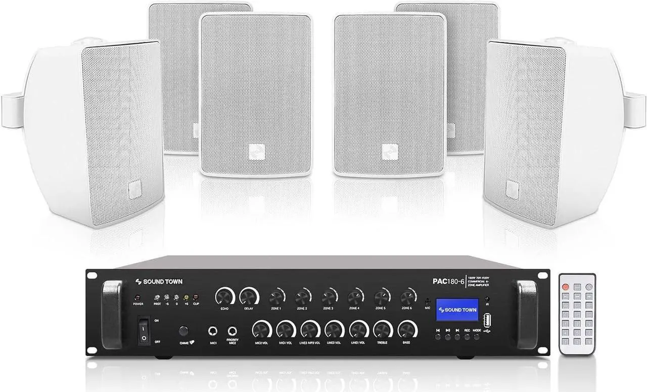 Main image of Sound Town Commercial Restaurant Bluetooth Amplifier + Surface-Mount Speaker Set, with One 6-Zone 70V/100V Amplifier with Bluetooth, 6 x 4.5-Inch Surface-Mount Speakers, White (PAC180X6TV4W)